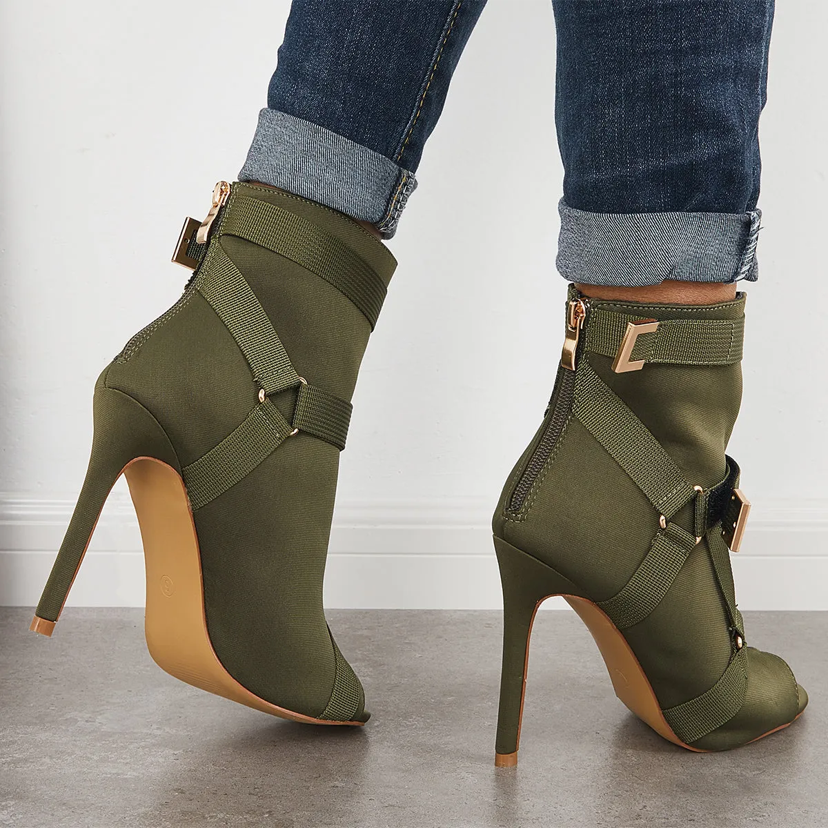 Sohiwoo Peep Toe Stiletto High Heels Back Zipper Ankle Boots