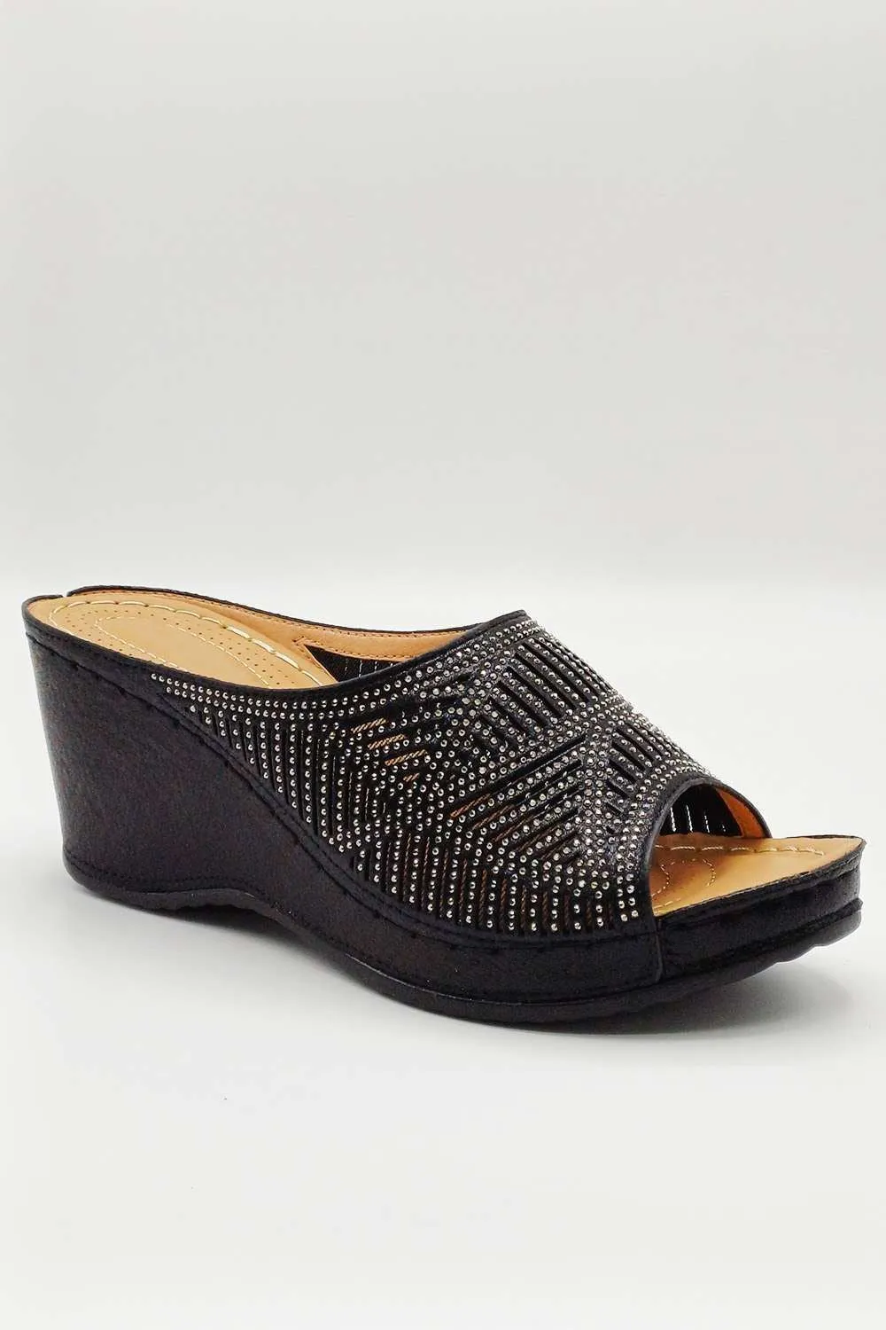 Soleil Diamante Strap Wedges in Black