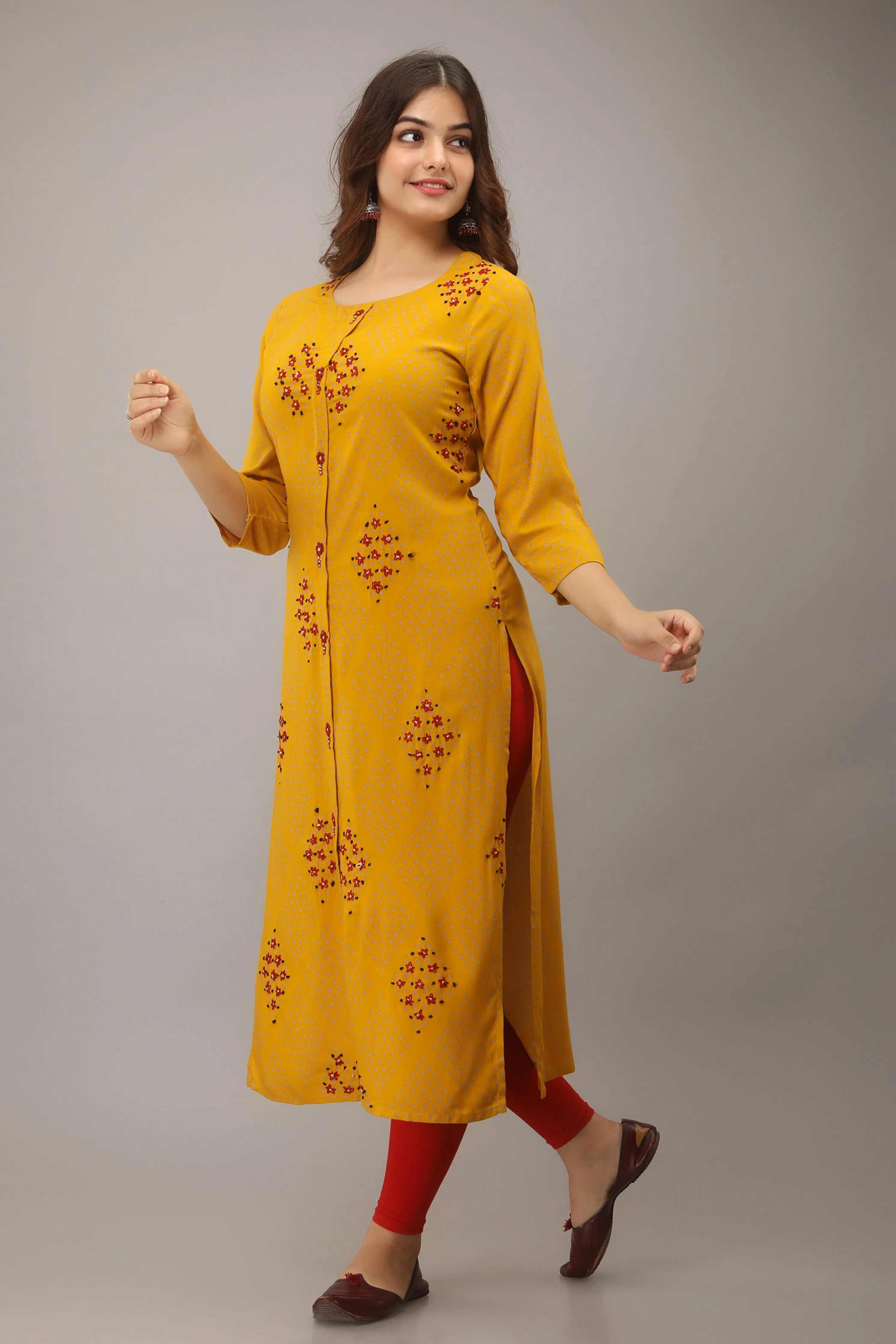 Straight Yellow Color Rayon Womens Kurta