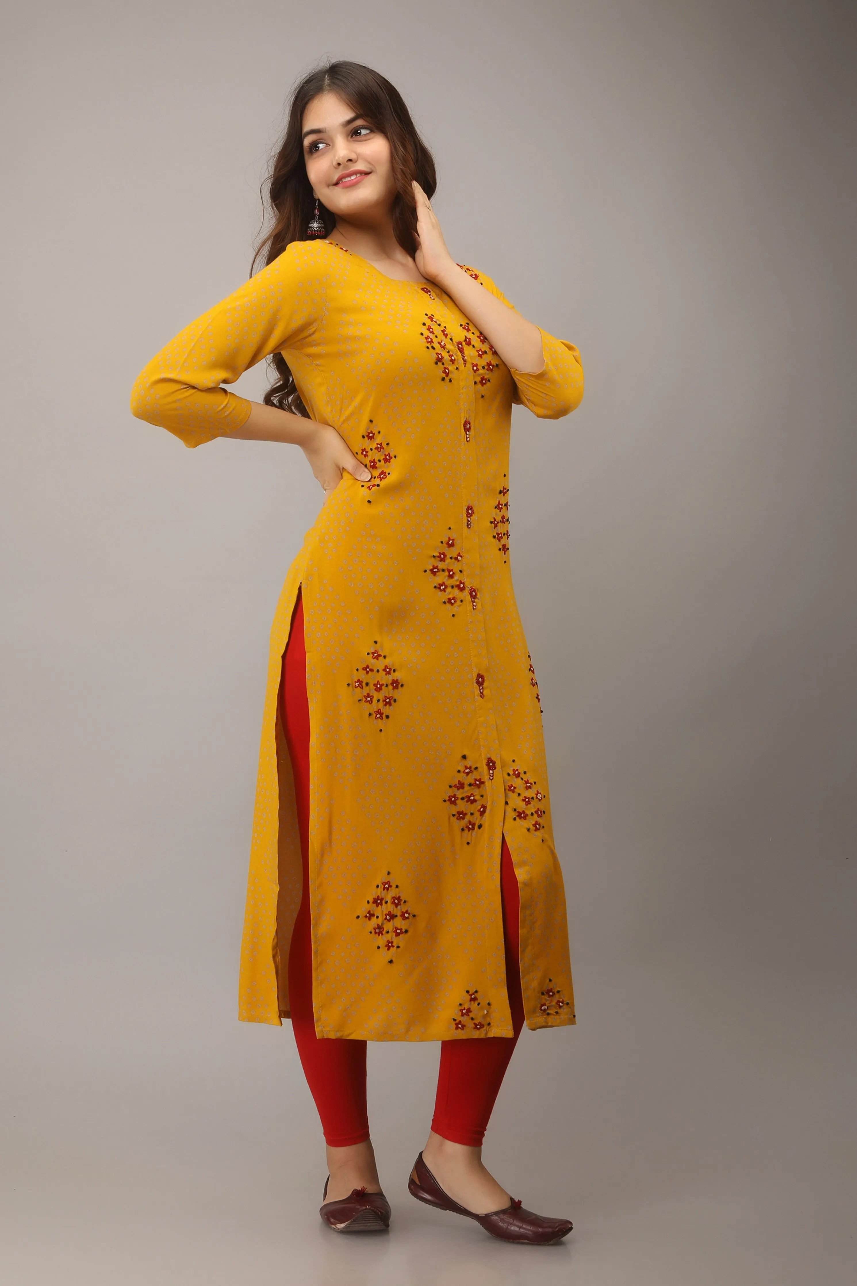 Straight Yellow Color Rayon Womens Kurta
