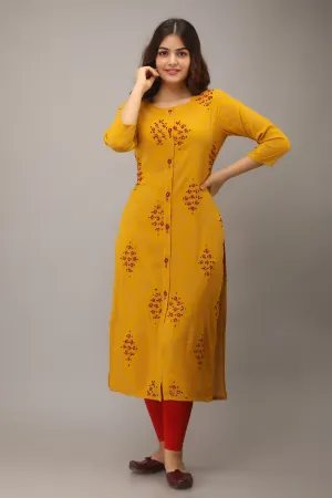 Straight Yellow Color Rayon Womens Kurta