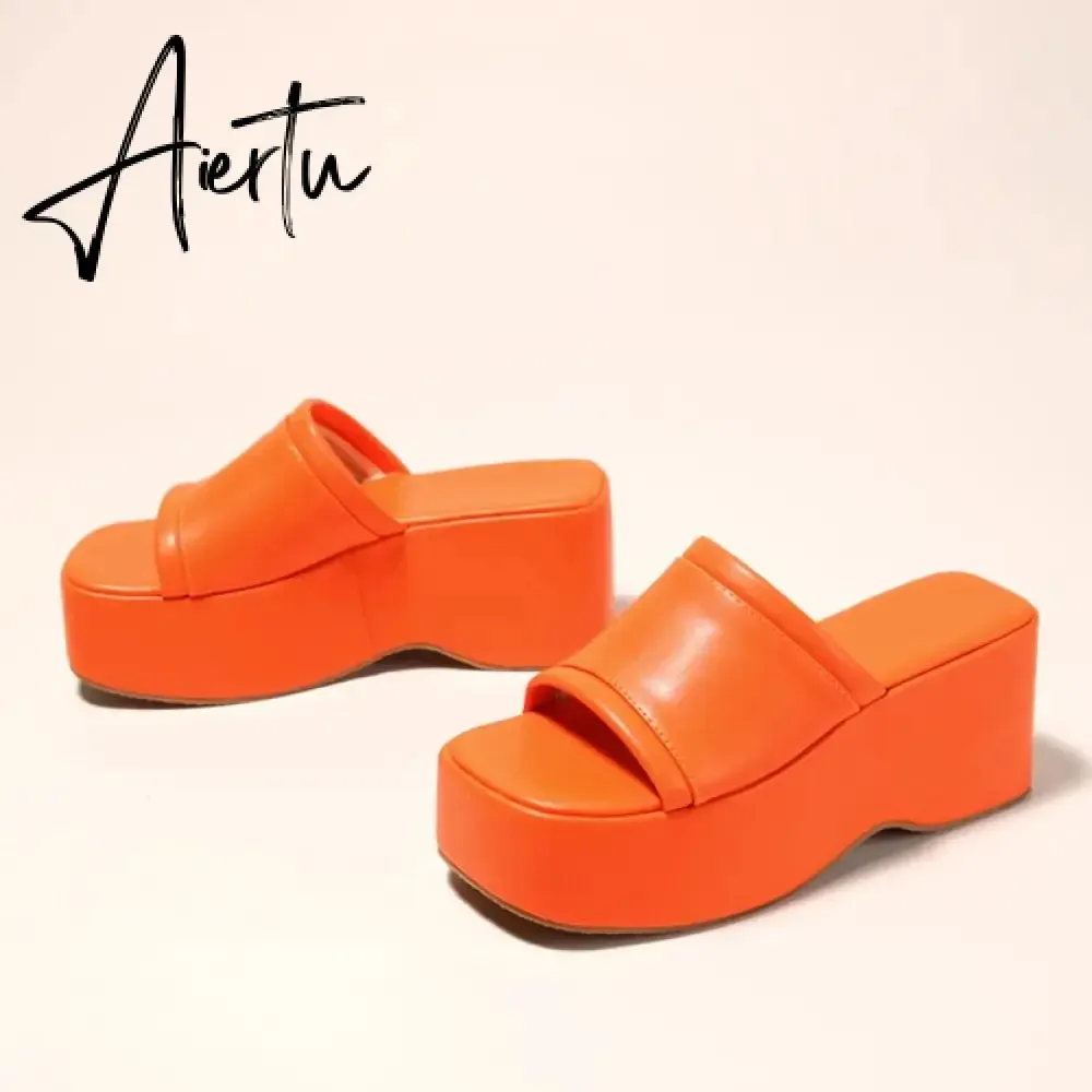 Summer Pink Wedge Slippers Women Platform Sandals Cozy Leather Peep Toe Slip On High Heels Casual Beach Slide Shoes Female