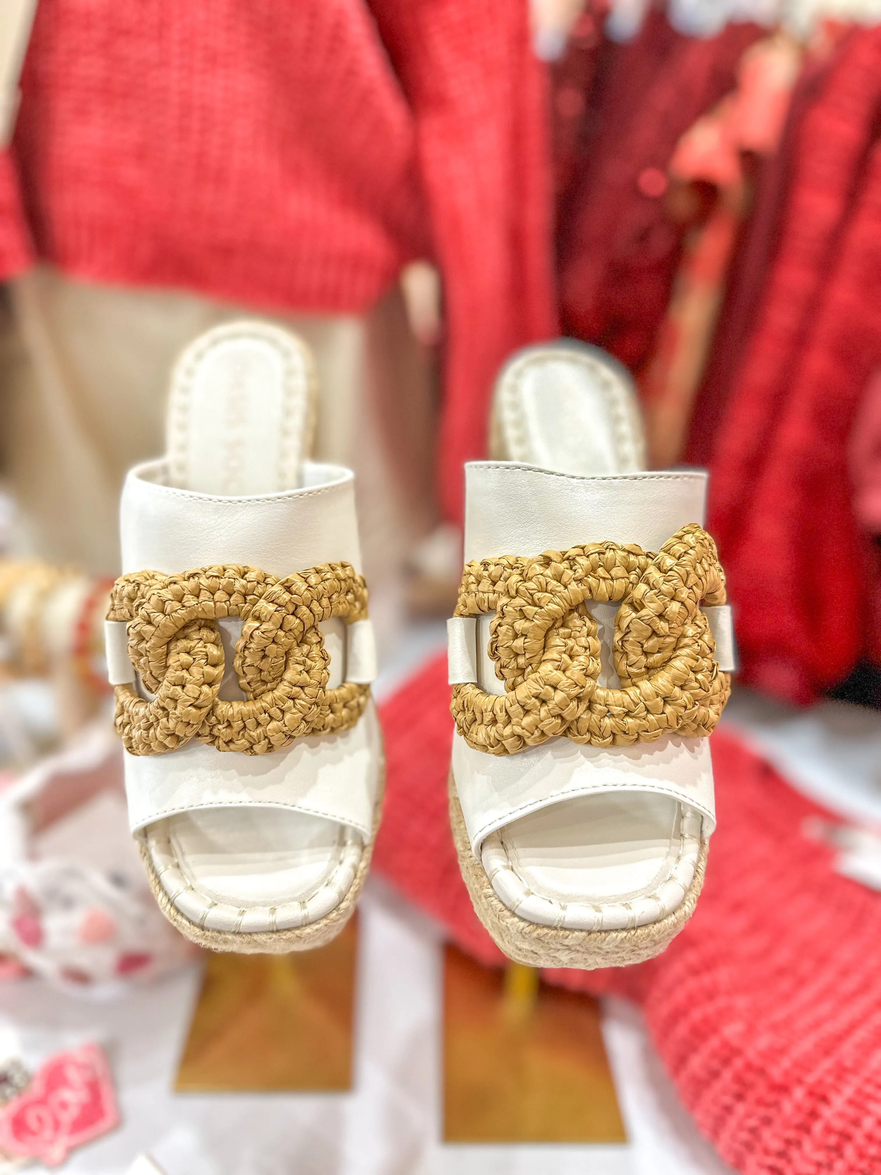The Aime Wedge Slide Raffia Detail White