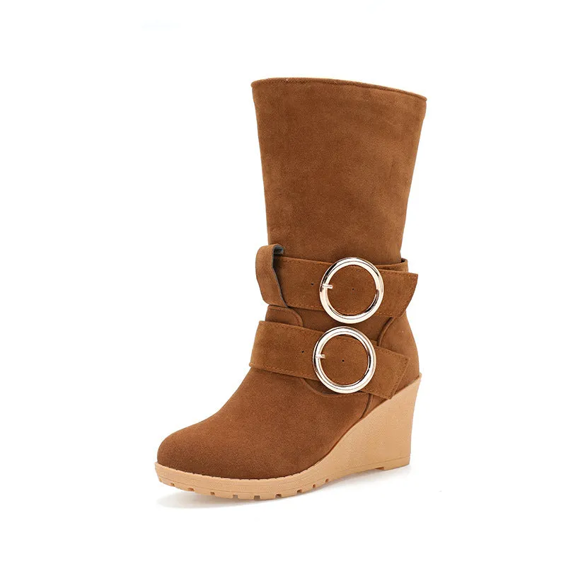 Thick plush mid calf snow boots wide calf wedge heels boots