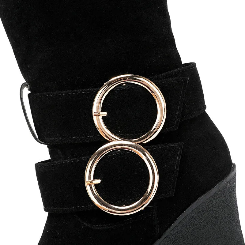 Thick plush mid calf snow boots wide calf wedge heels boots
