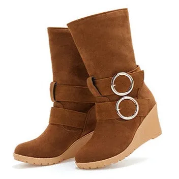 Thick plush mid calf snow boots wide calf wedge heels boots