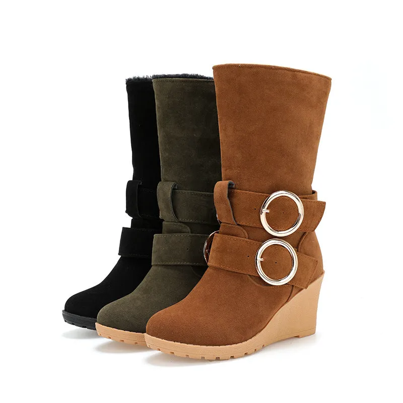 Thick plush mid calf snow boots wide calf wedge heels boots