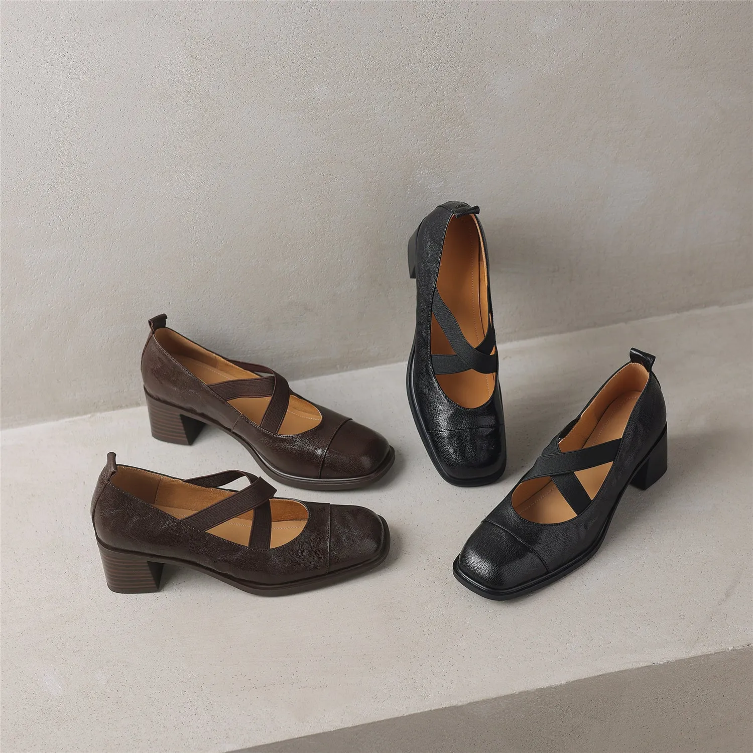 TinaCus Women's Handmade Genuine Leather Chunky Heel Slip On Elestic Band Pumps