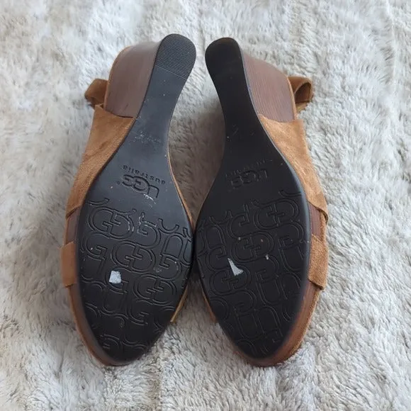 UGG Light Brown Hazel Suede Leather Slingback Open Toe Wedge Sandals Size 9