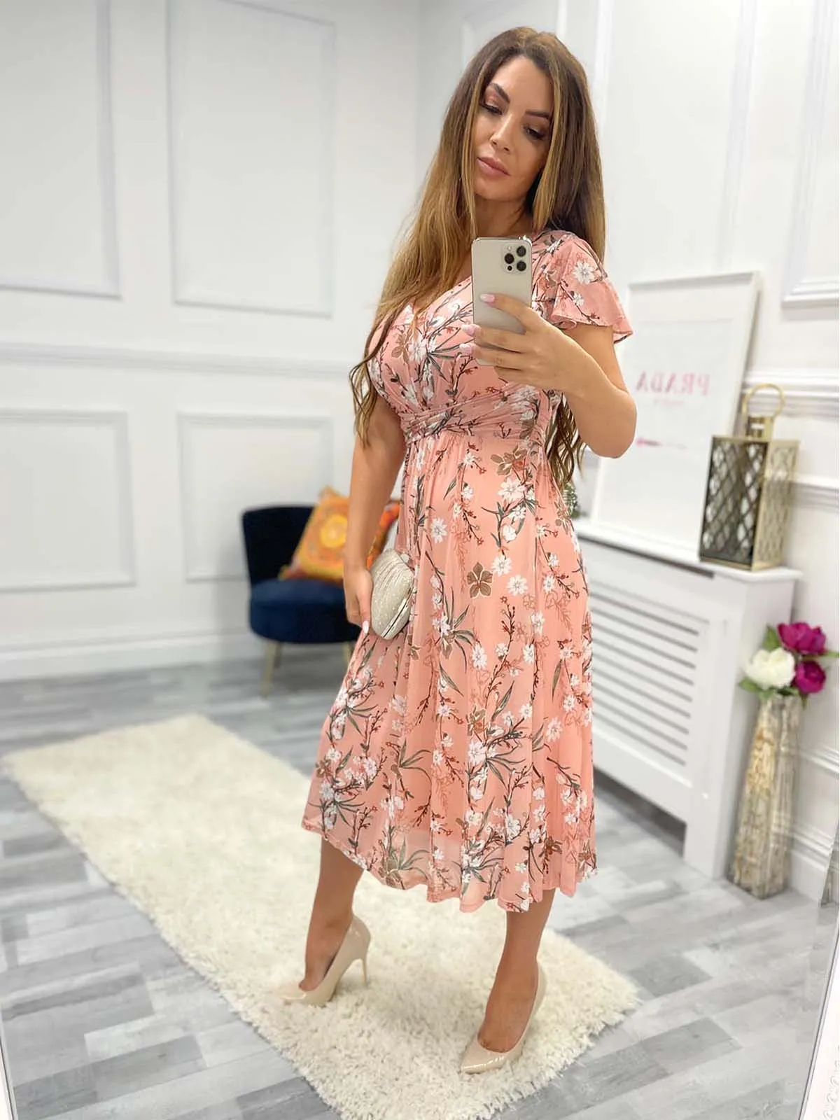 Viviana Mesh Midi Dress, Peach