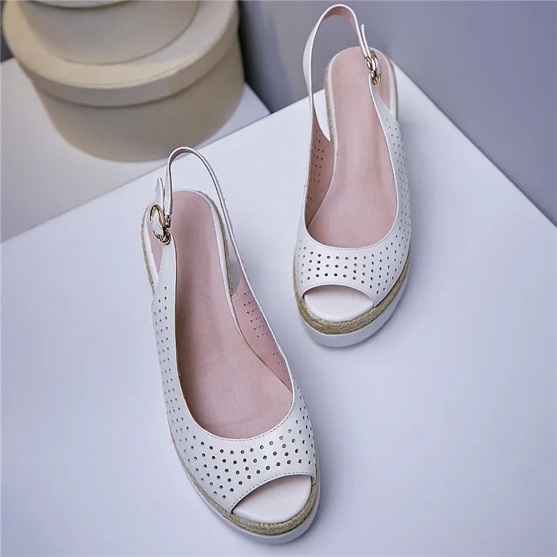 Wedges for Women Leather Shoes Platform Wedge Heels Women Sandals Peep Toe Buckle Ladies Sandals Party Shoes
