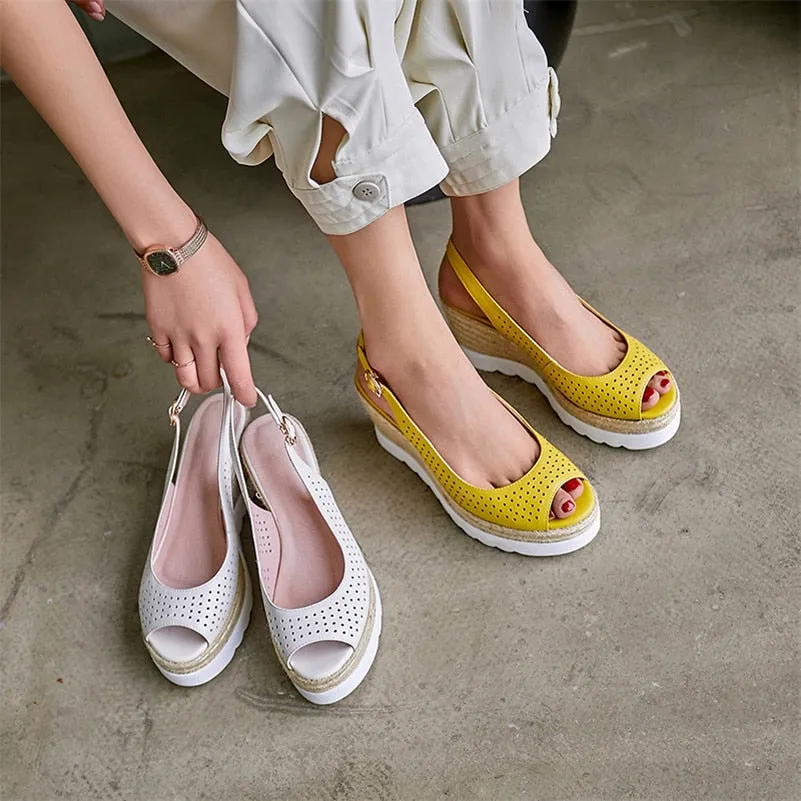 Wedges for Women Leather Shoes Platform Wedge Heels Women Sandals Peep Toe Buckle Ladies Sandals Party Shoes