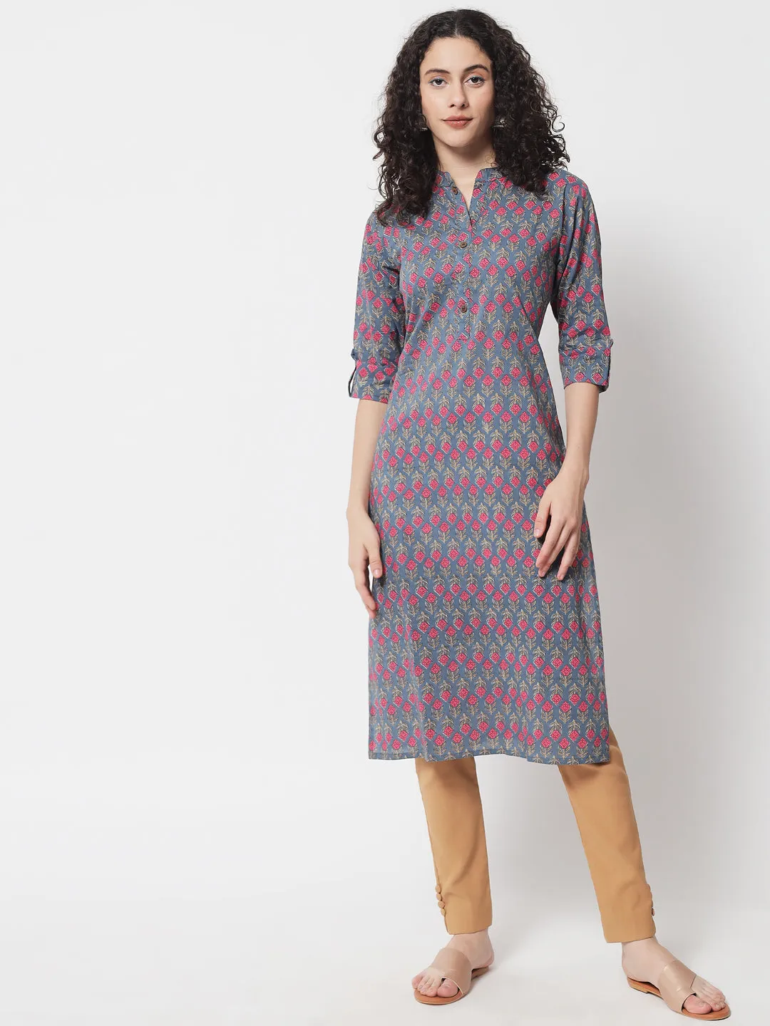 Women Grey Cotton Straight Kurta