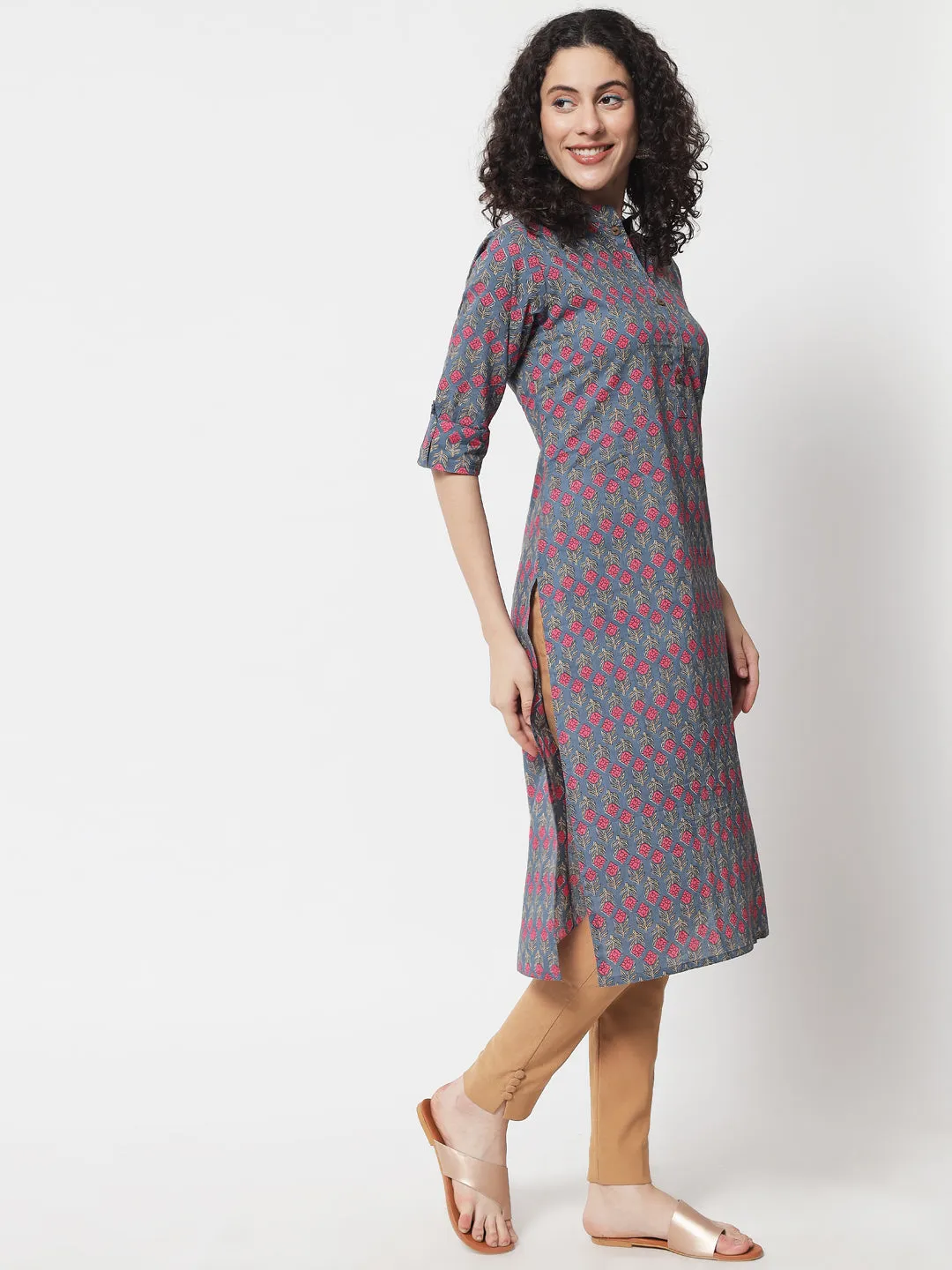 Women Grey Cotton Straight Kurta