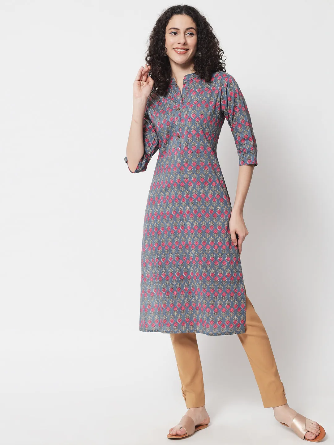 Women Grey Cotton Straight Kurta