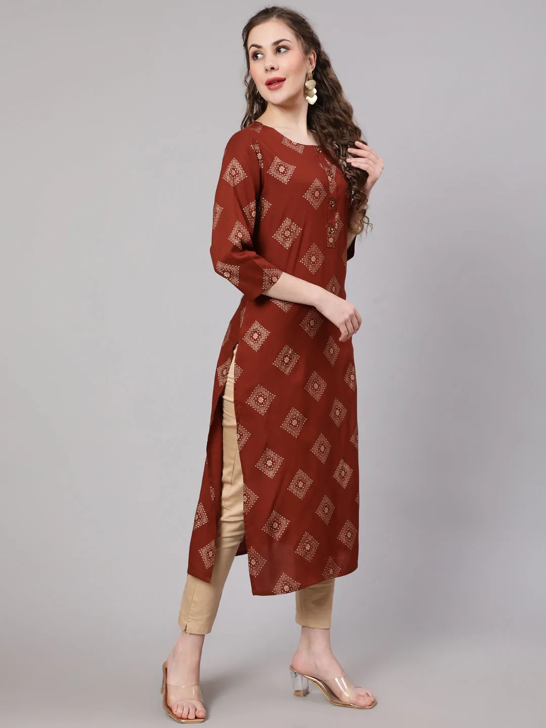 Women Rust::Brown Rayon Straight Kurta