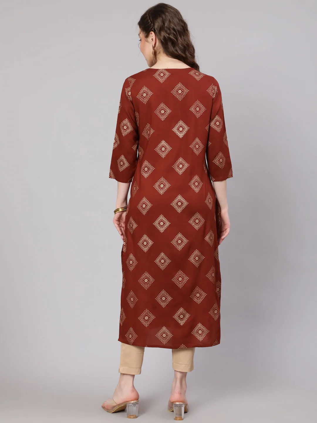 Women Rust::Brown Rayon Straight Kurta