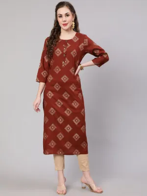 Women Rust::Brown Rayon Straight Kurta