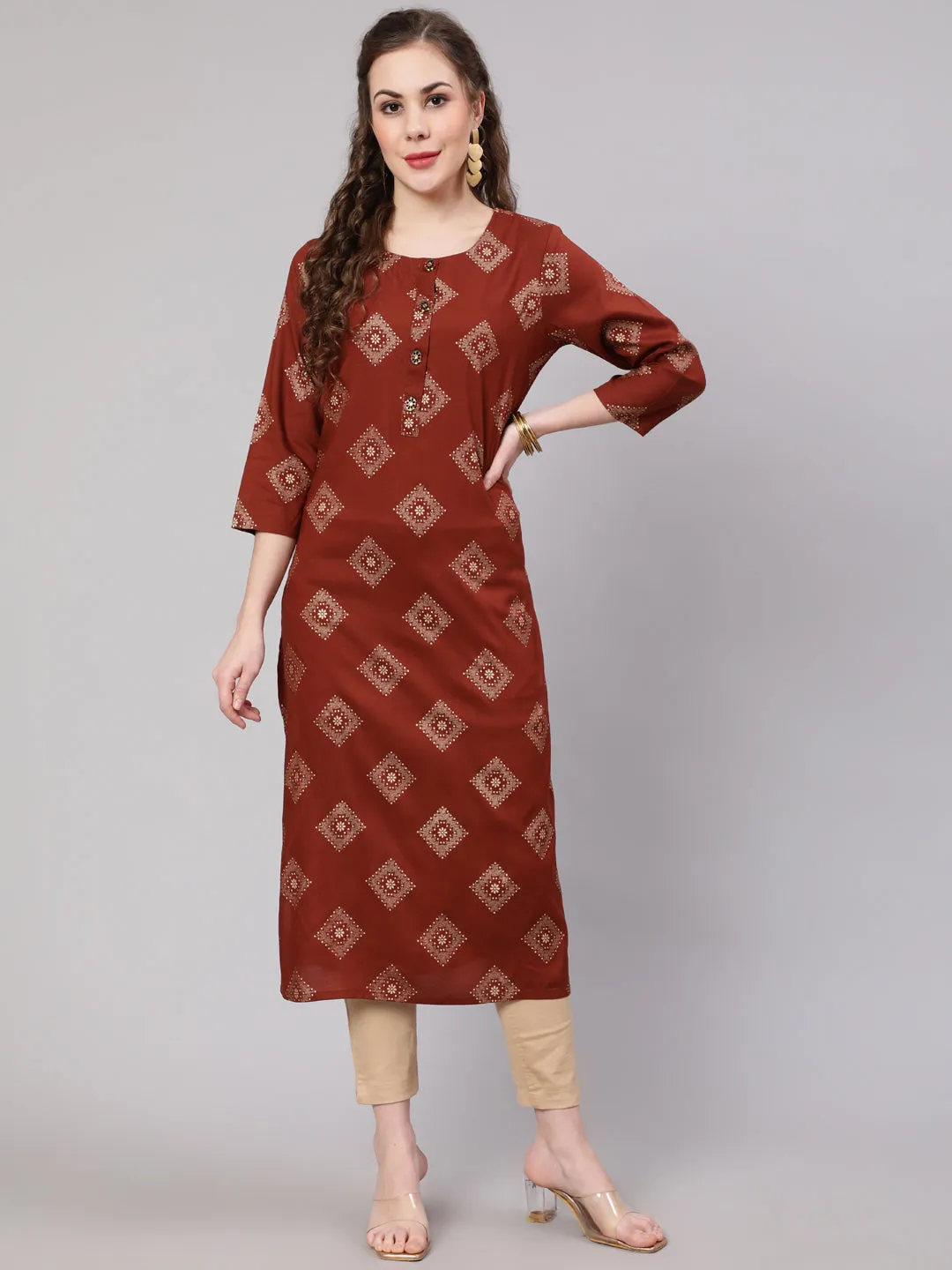 Women Rust::Brown Rayon Straight Kurta