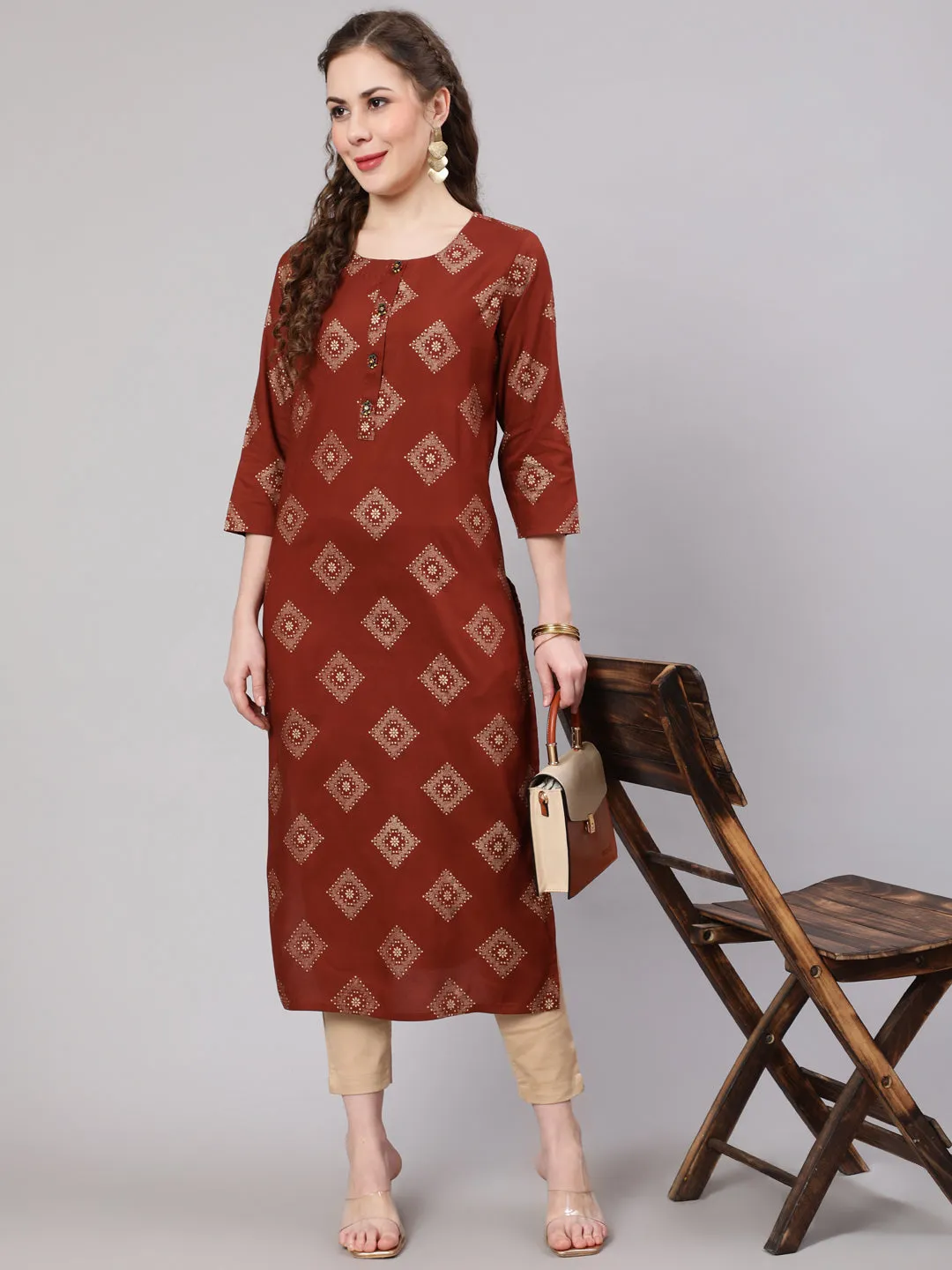 Women Rust::Brown Rayon Straight Kurta
