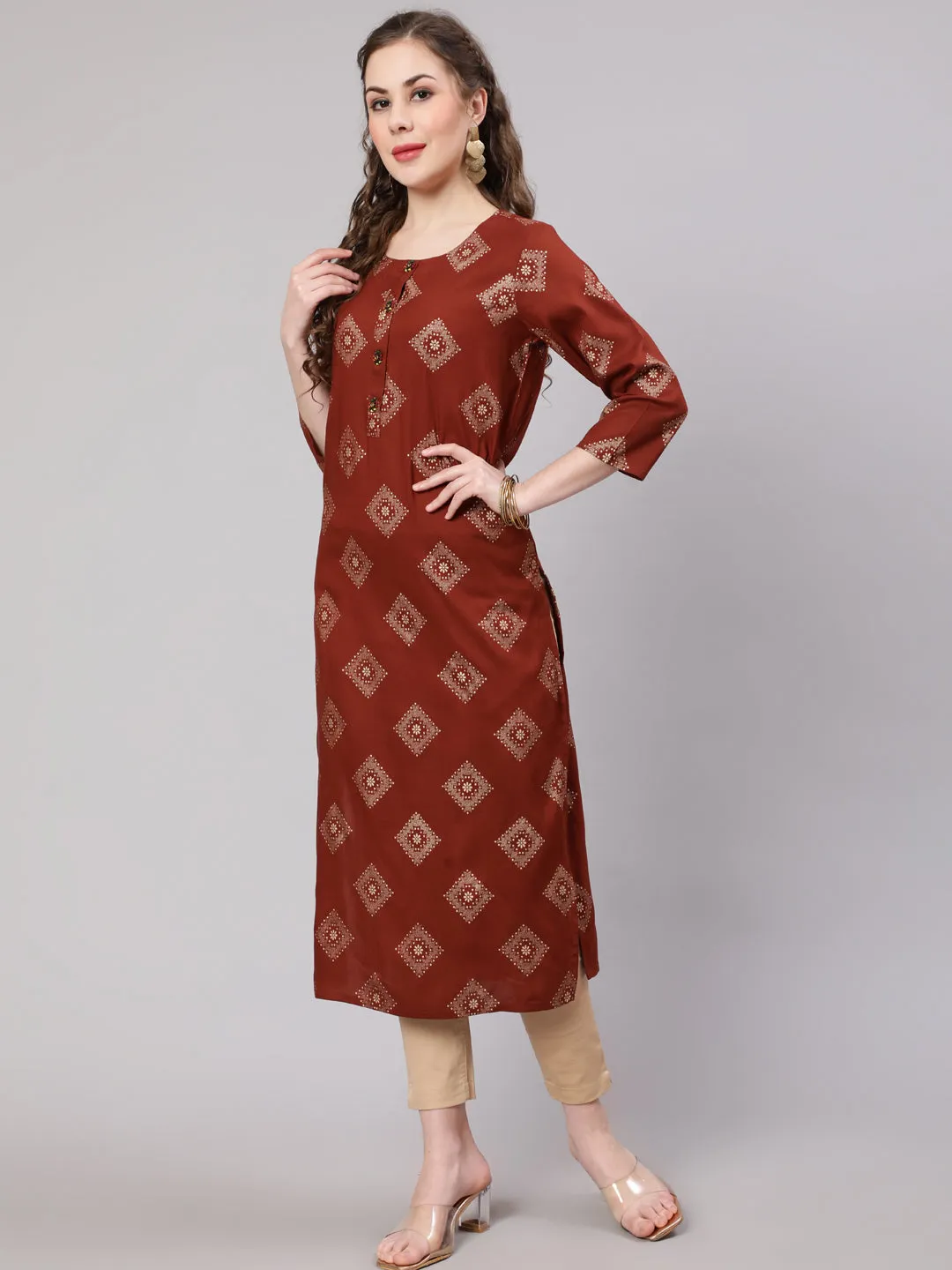 Women Rust::Brown Rayon Straight Kurta