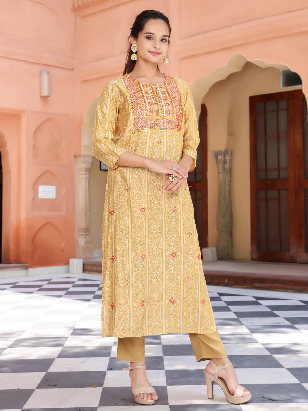 Women Straight Mustard Floral Kurta