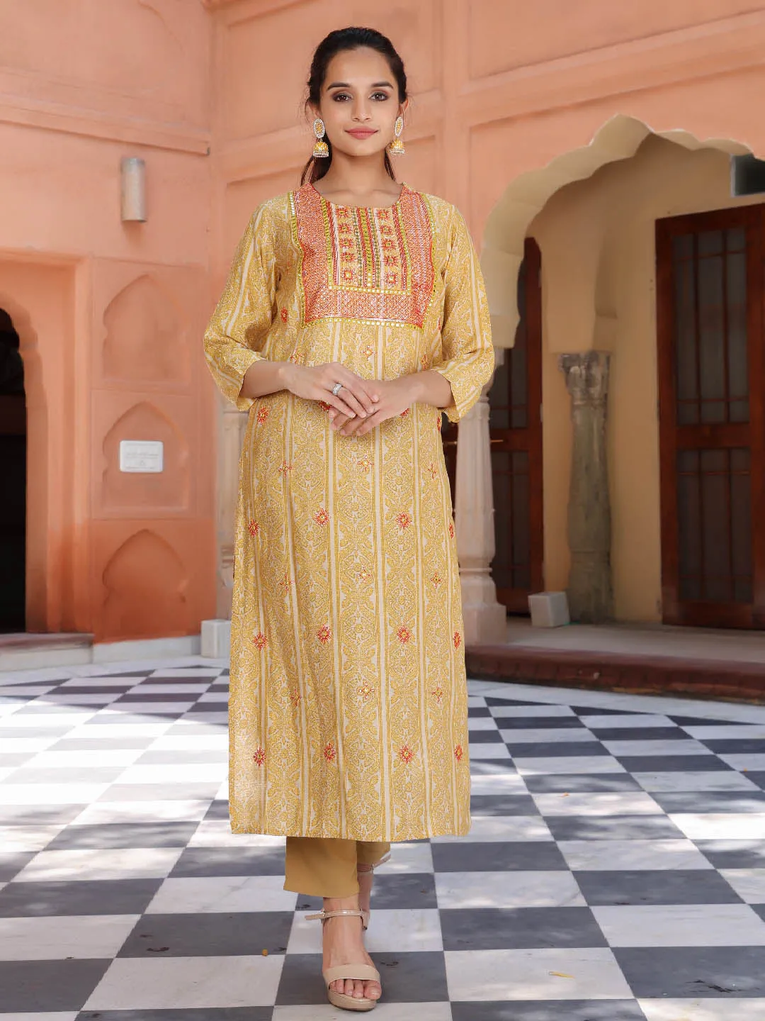 Women Straight Mustard Floral Kurta