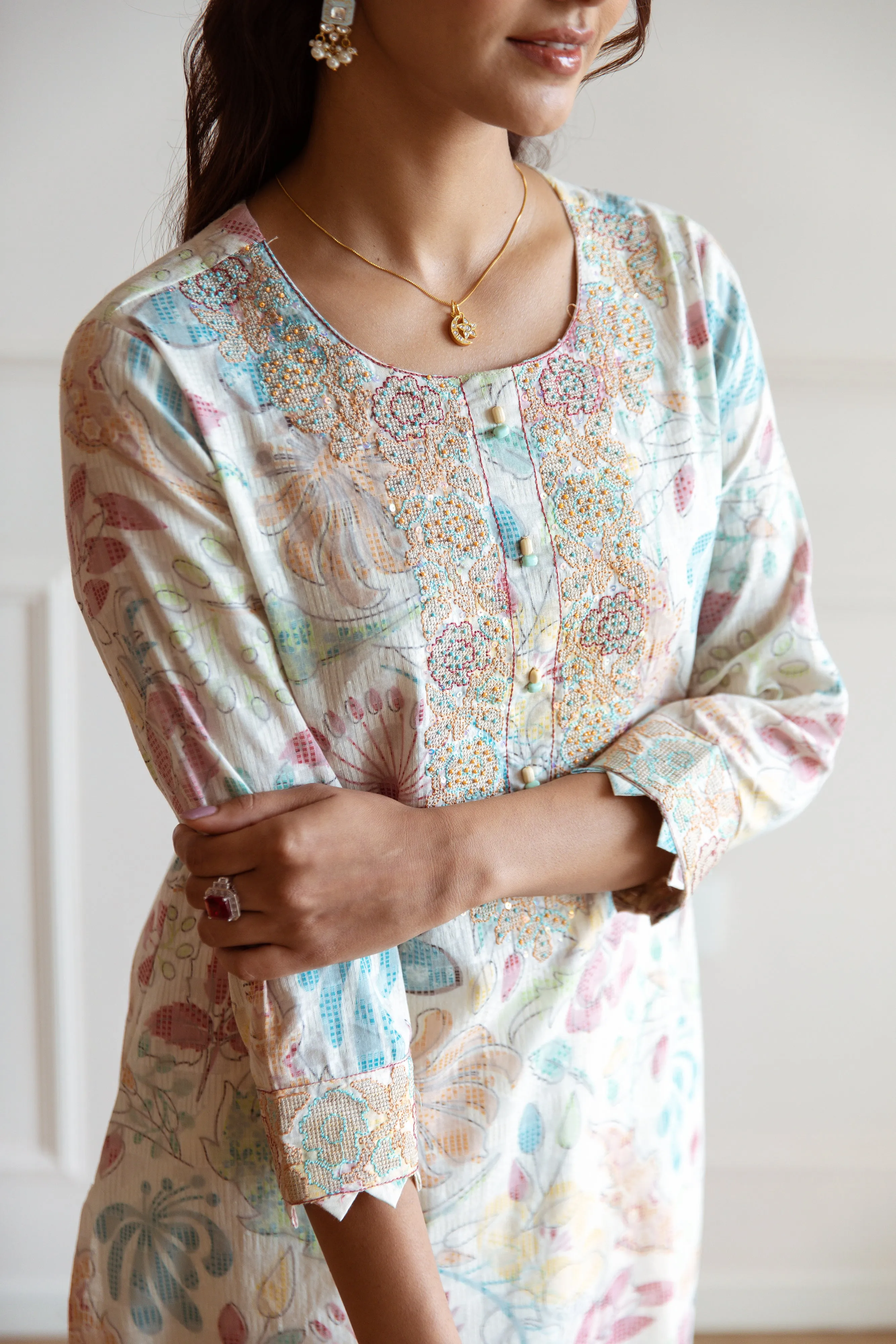 Women's Beige Cotton Kurta Pant and Dupatta Set