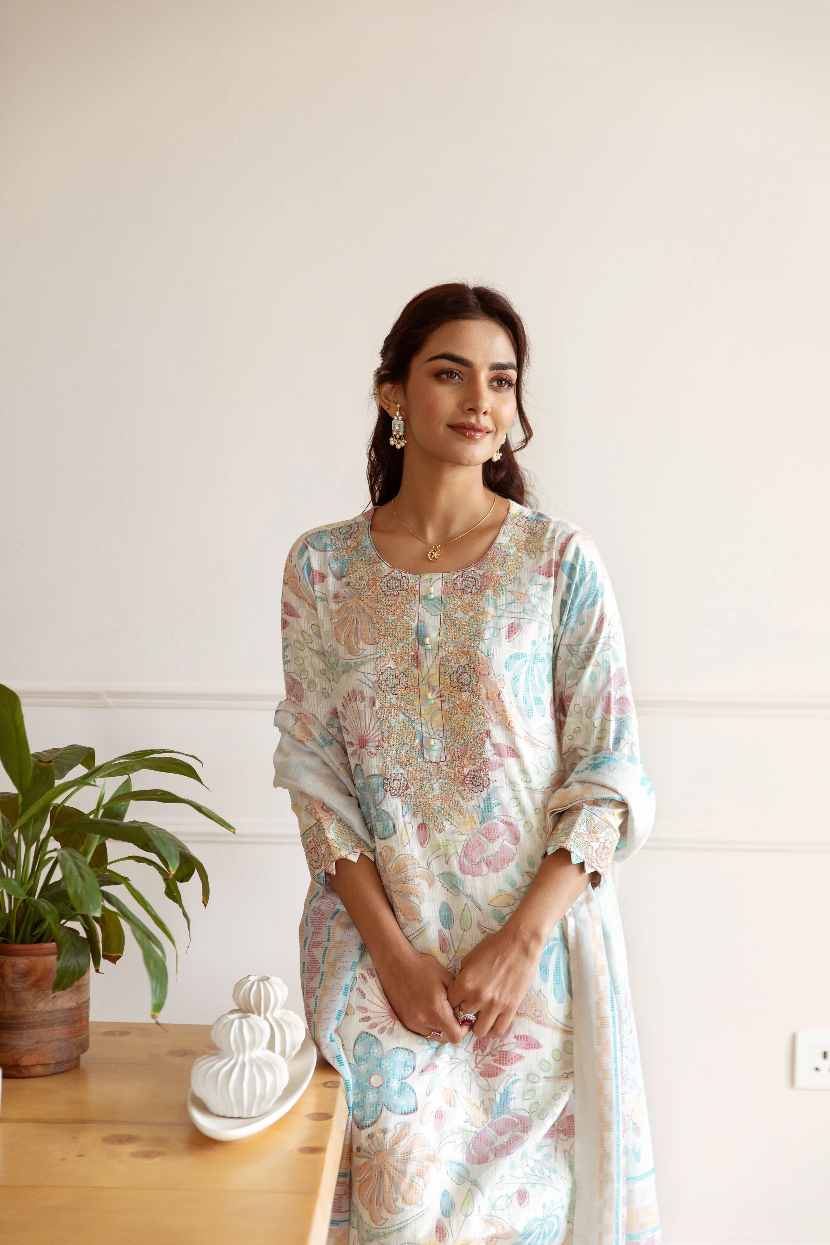 Women's Beige Cotton Kurta Pant and Dupatta Set