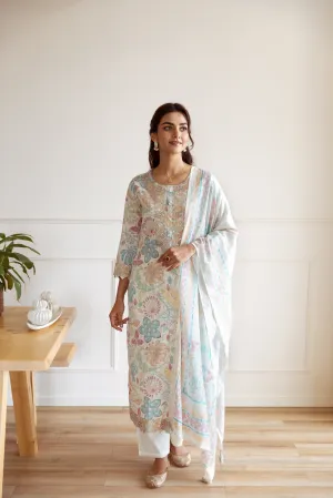 Women's Beige Cotton Kurta Pant and Dupatta Set
