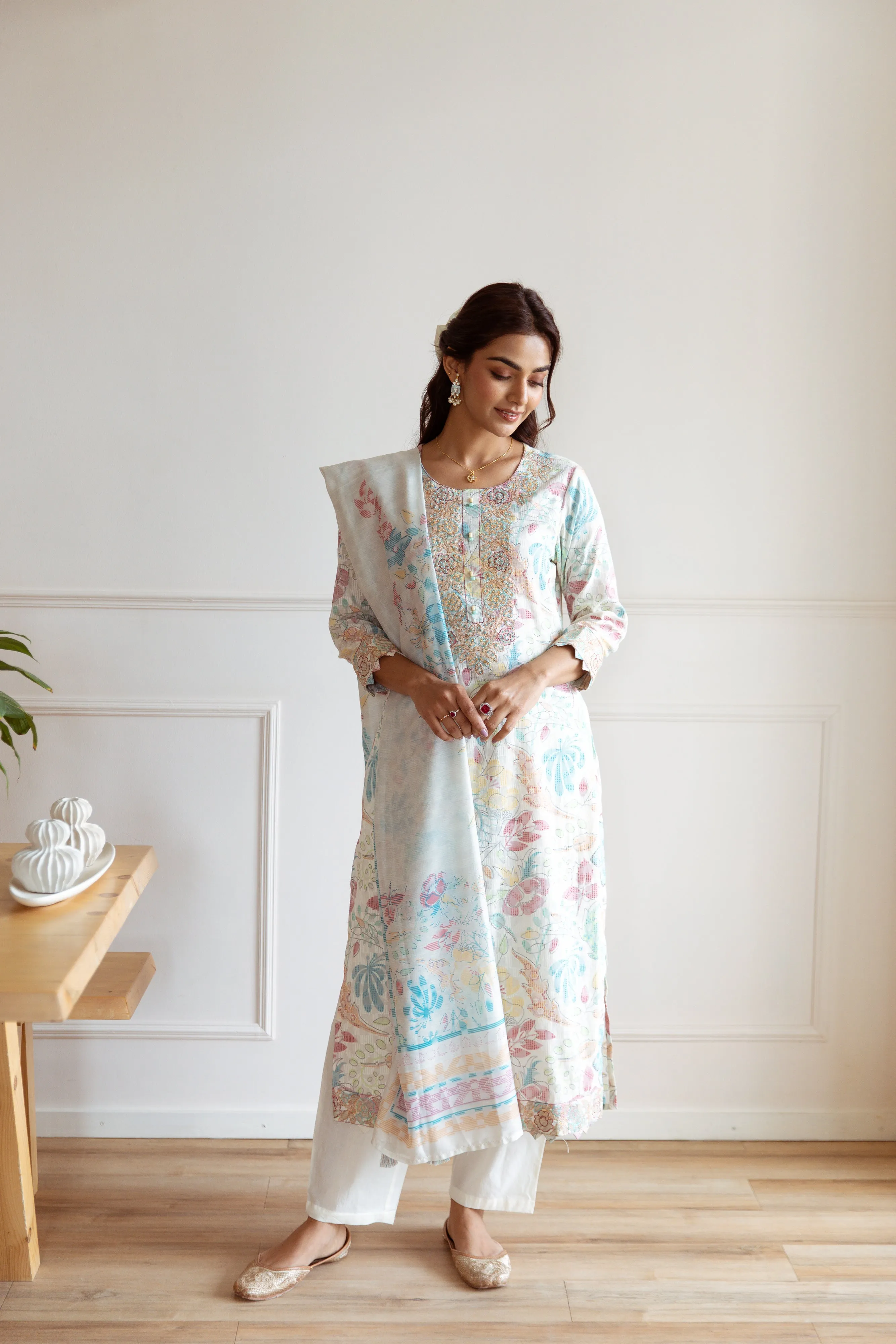 Women's Beige Cotton Kurta Pant and Dupatta Set