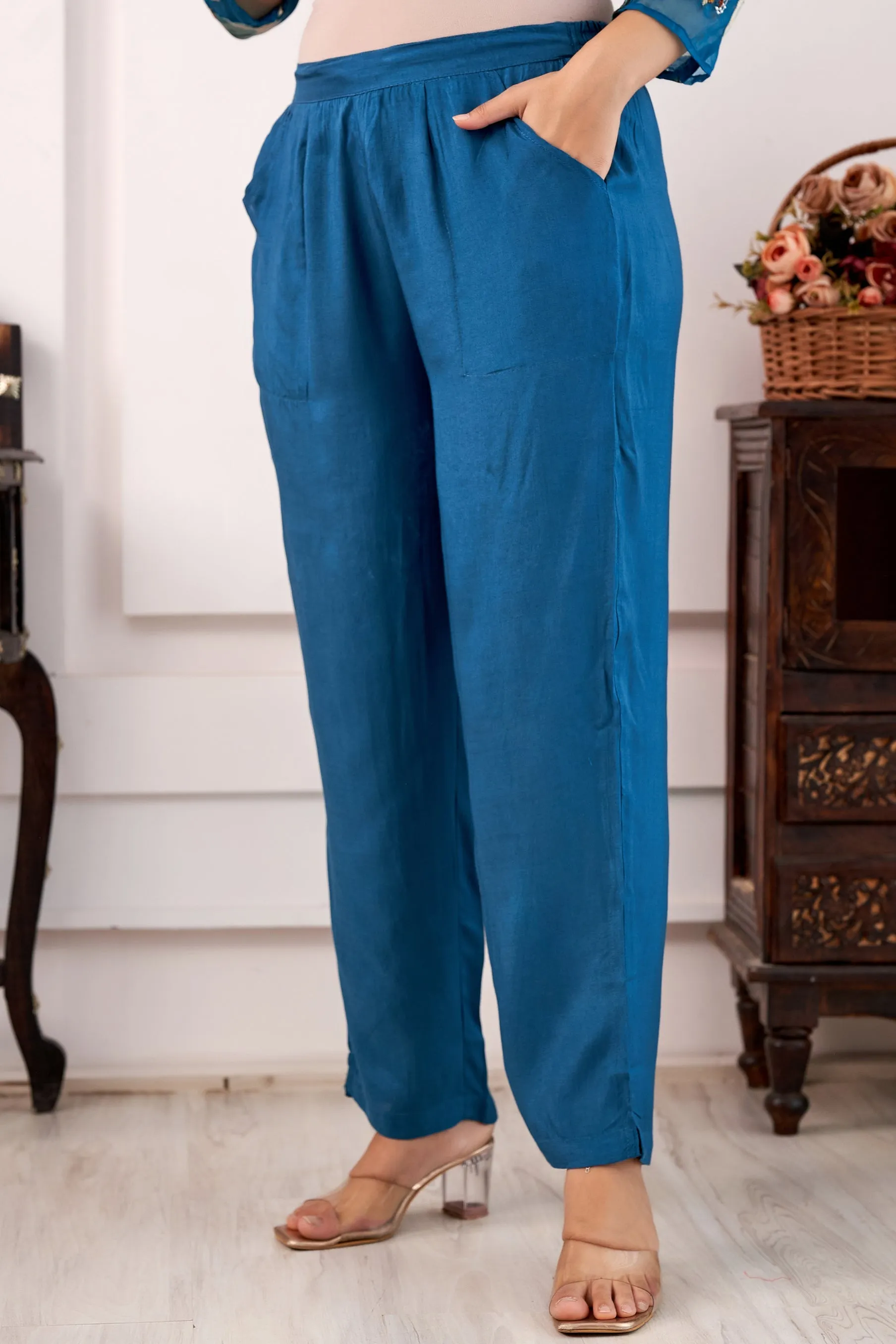 Women's Blue A-Line Kurta Pant and Dupatta Set