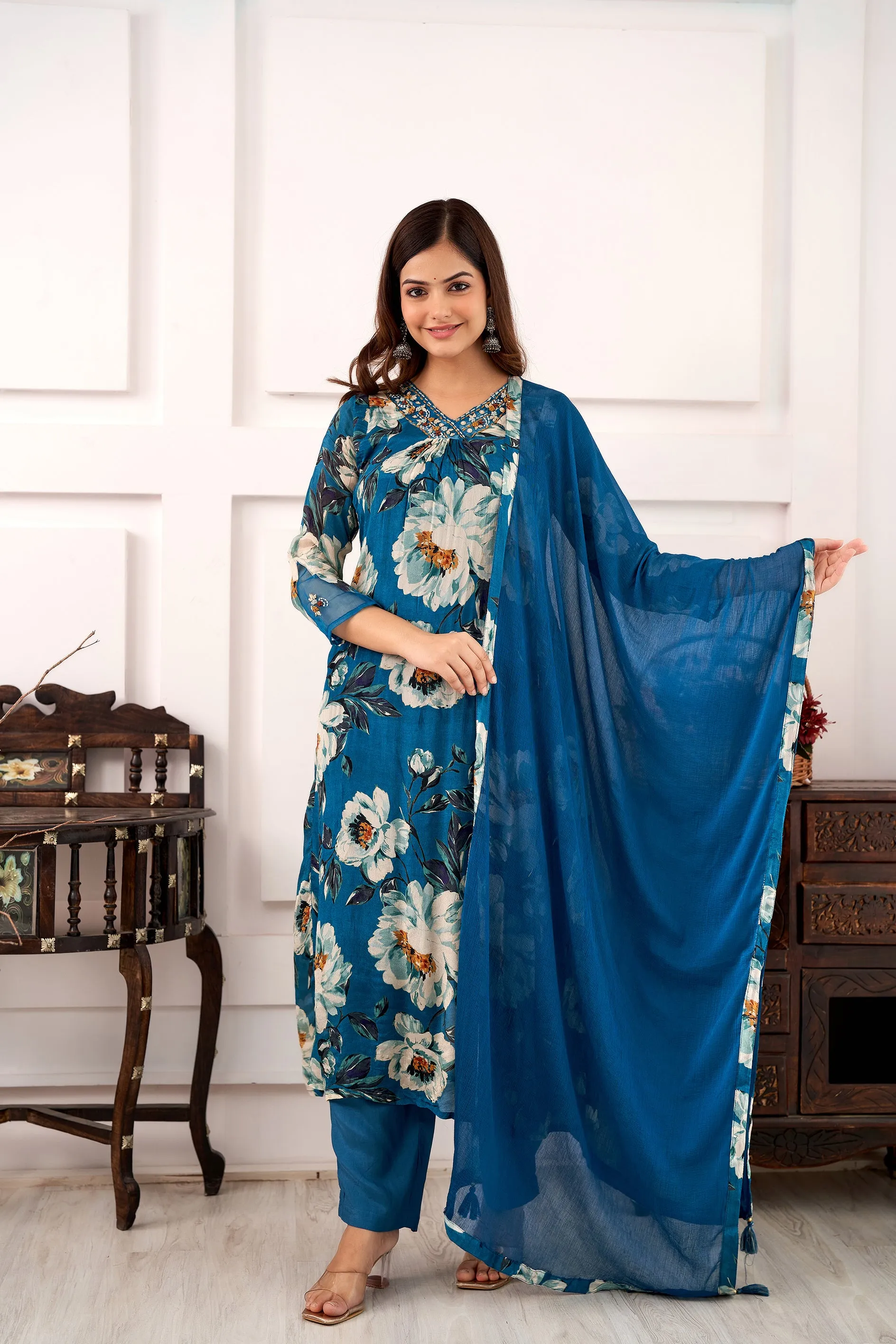 Women's Blue A-Line Kurta Pant and Dupatta Set