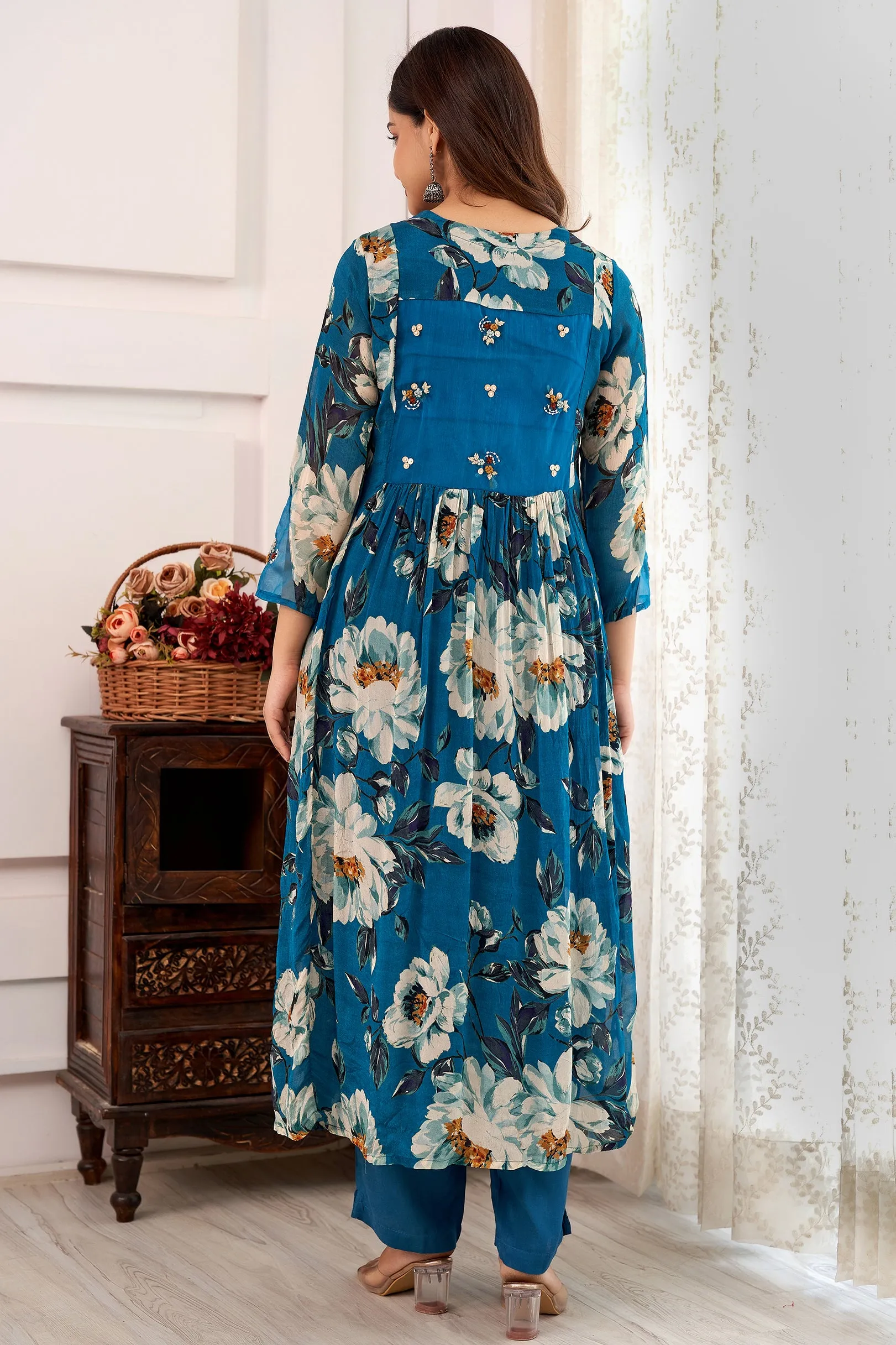 Women's Blue A-Line Kurta Pant and Dupatta Set