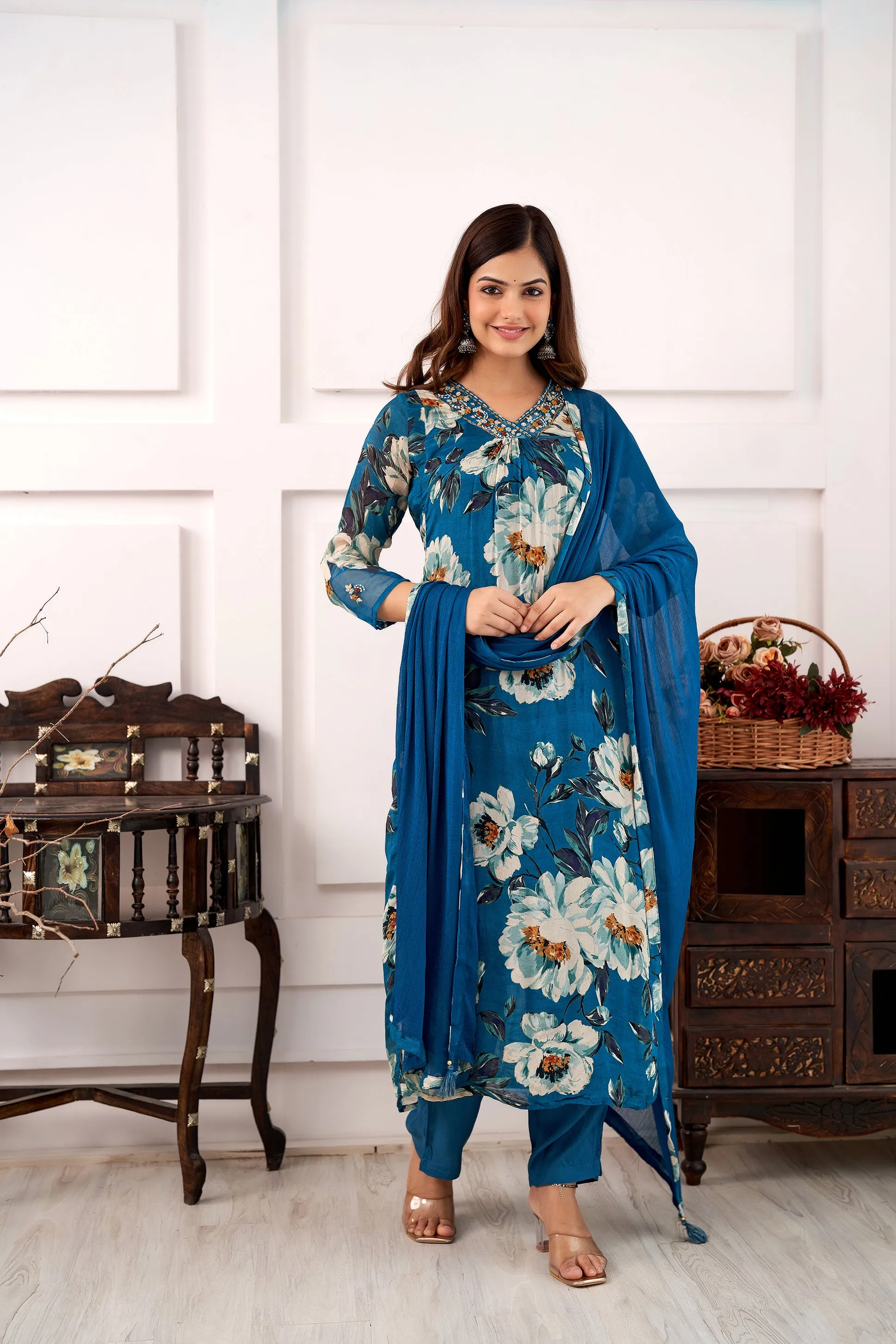 Women's Blue A-Line Kurta Pant and Dupatta Set