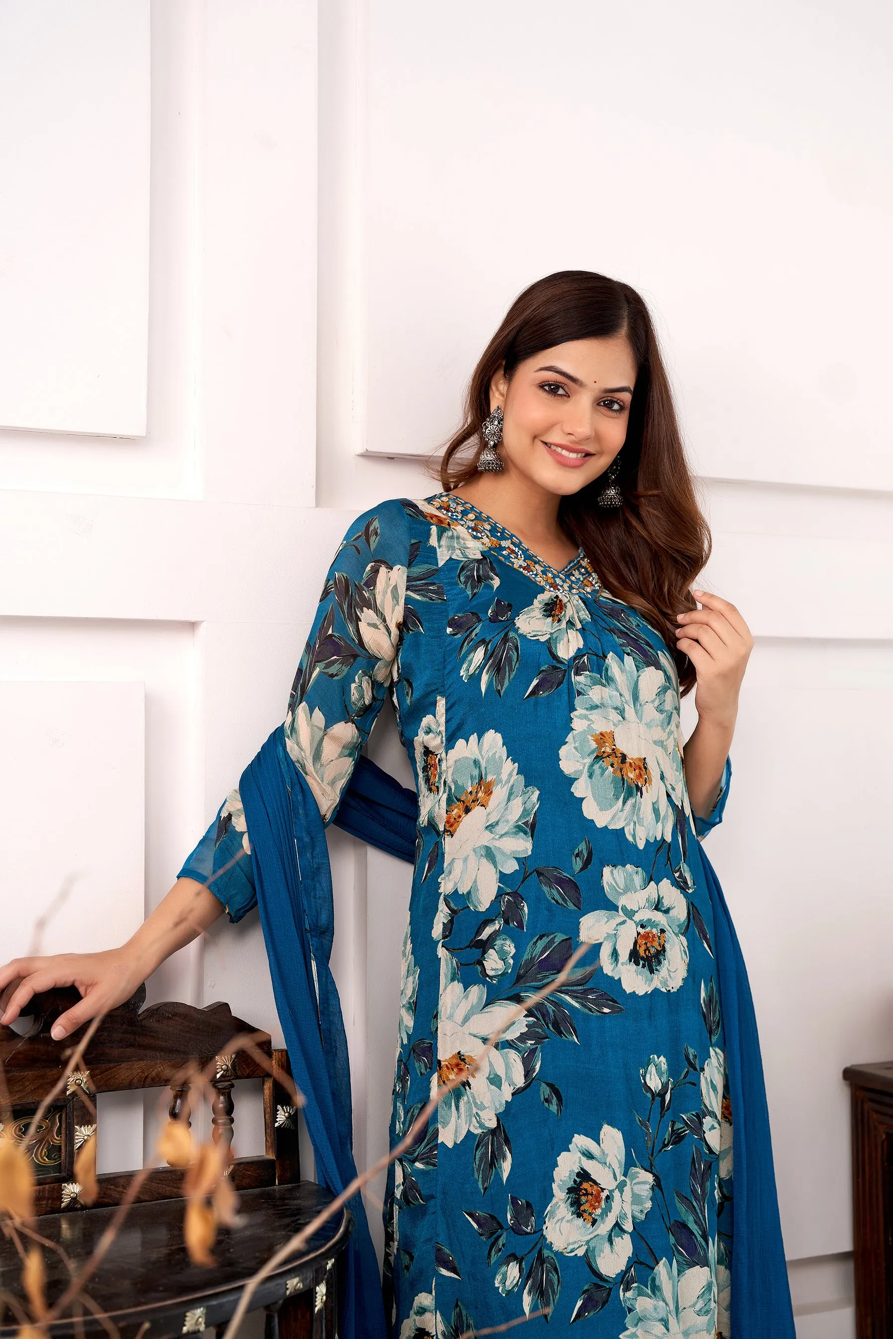 Women's Blue A-Line Kurta Pant and Dupatta Set