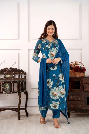 Women's Blue A-Line Kurta Pant and Dupatta Set
