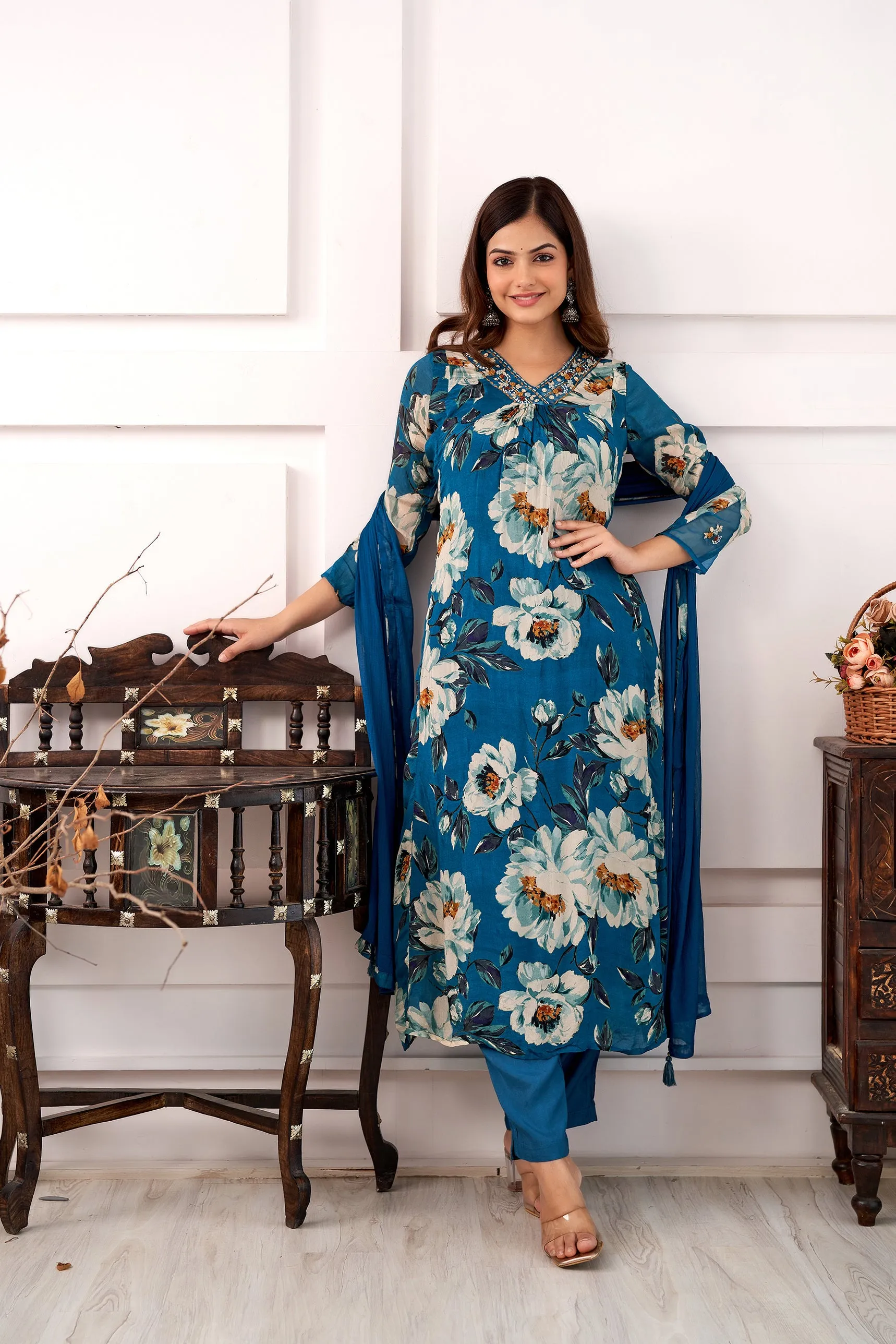 Women's Blue A-Line Kurta Pant and Dupatta Set