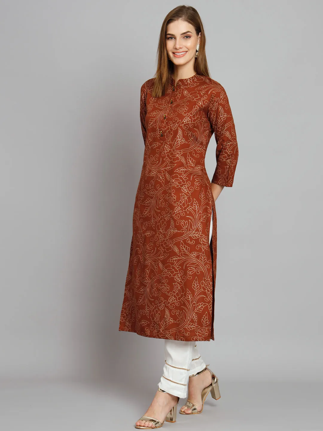 Women's Brown Rayon Straight  Kurta Palazzo Set