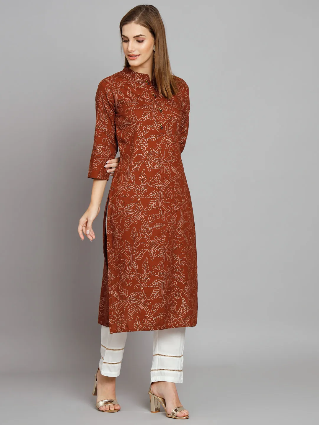 Women's Brown Rayon Straight  Kurta Palazzo Set