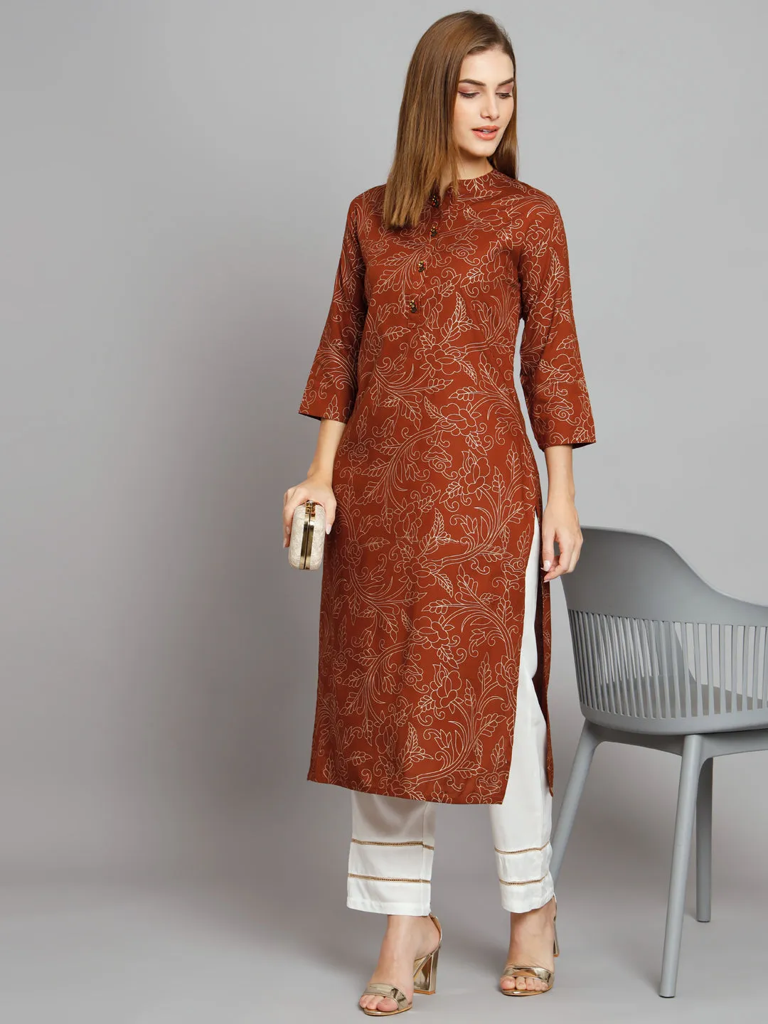 Women's Brown Rayon Straight  Kurta Palazzo Set