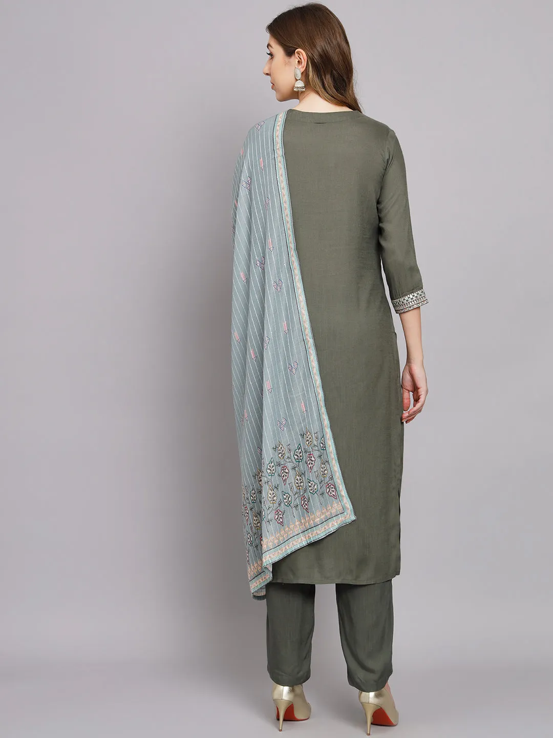 Women's Dark Green Rayon Straight Ethnic Sets
