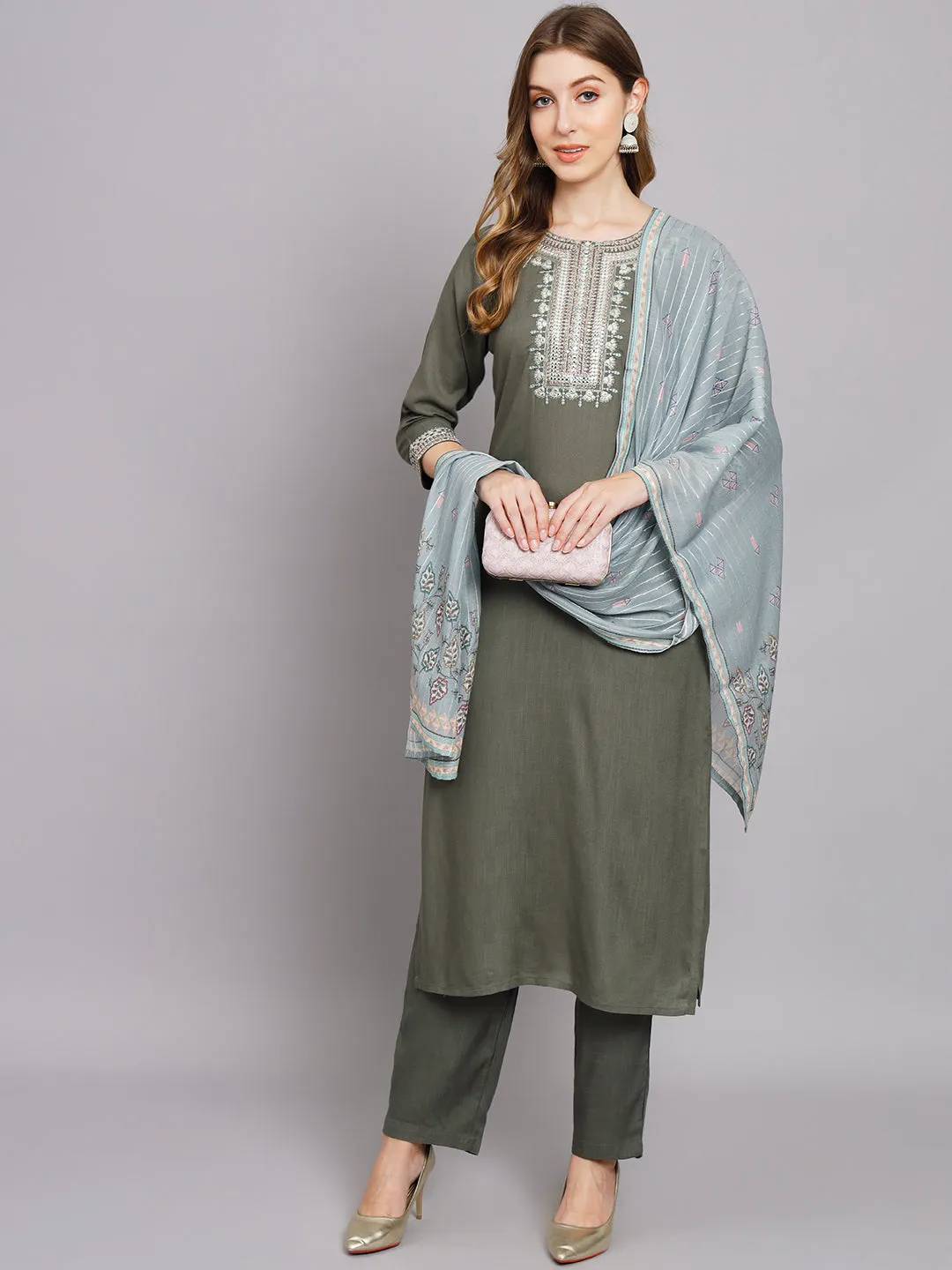 Women's Dark Green Rayon Straight Ethnic Sets