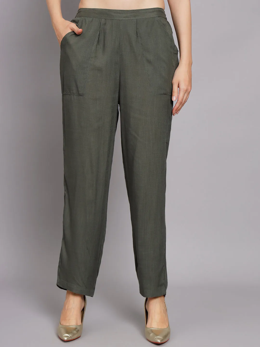 Women's Dark Green Rayon Straight Ethnic Sets