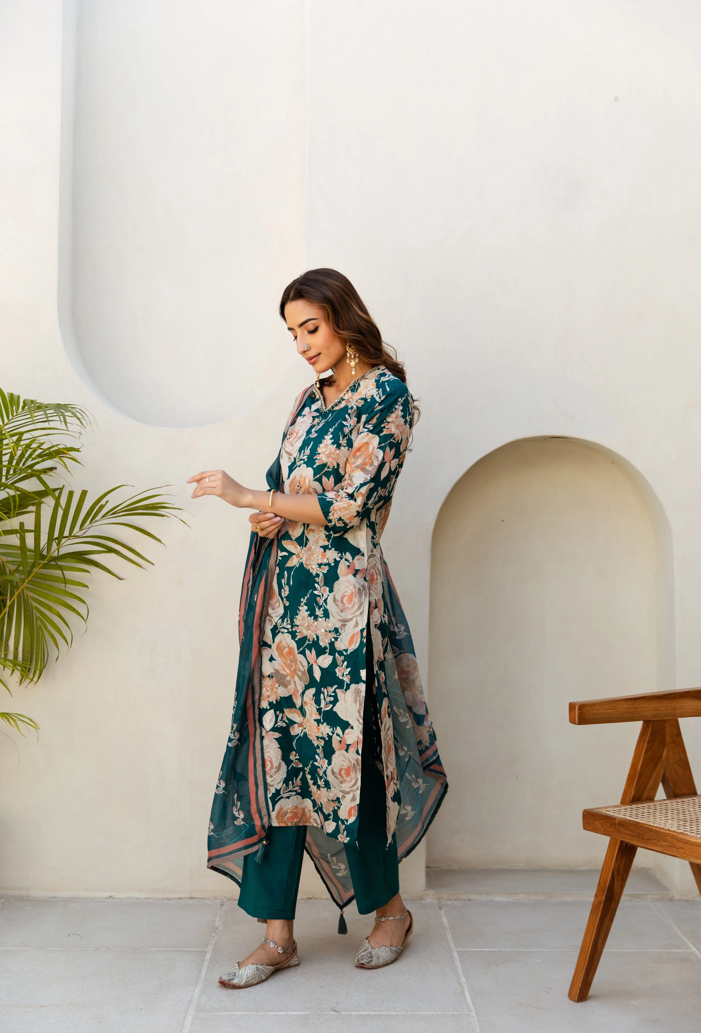 Women's Green Cotton Kurta, Pant  and Dupatta Set