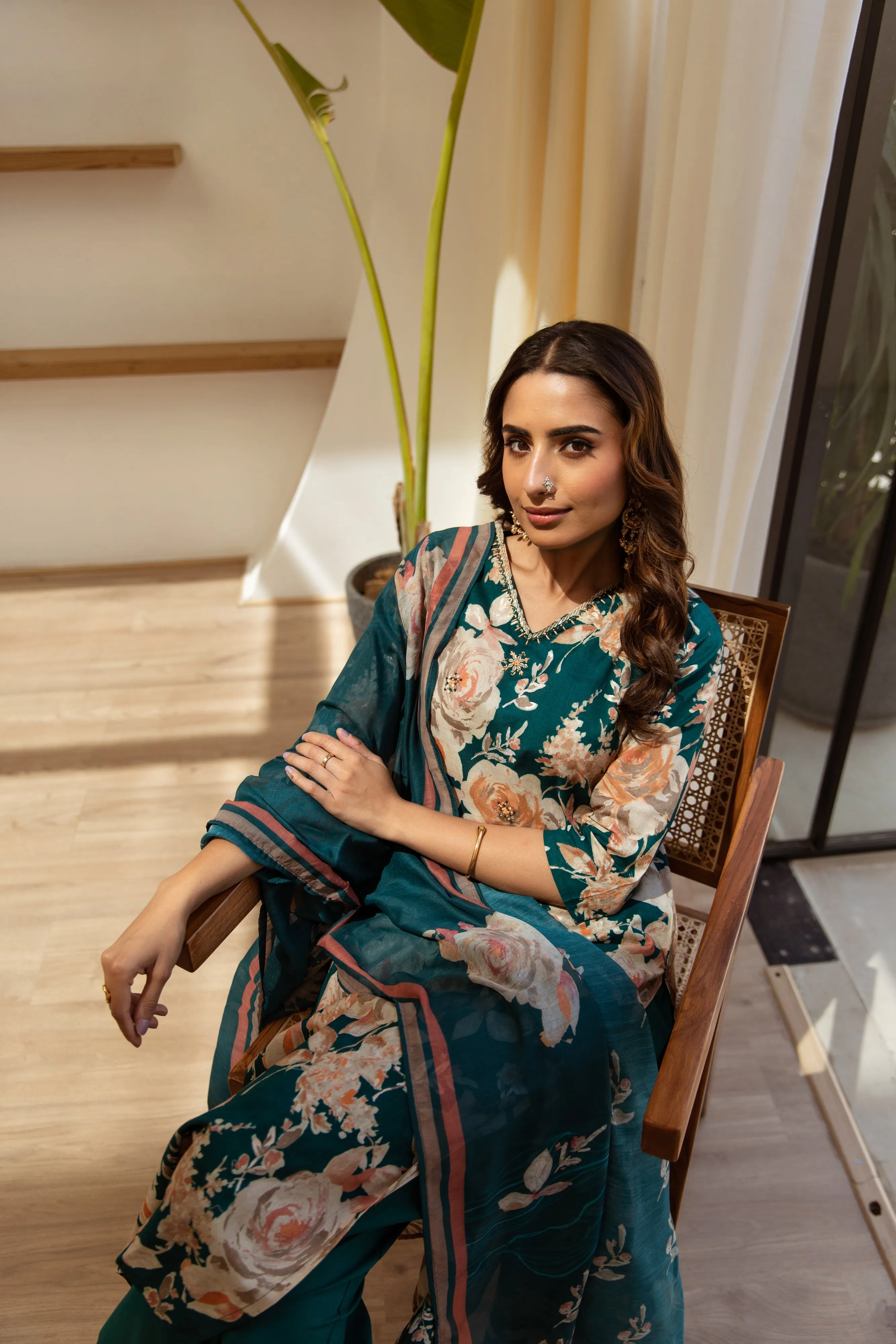 Women's Green Cotton Kurta, Pant  and Dupatta Set