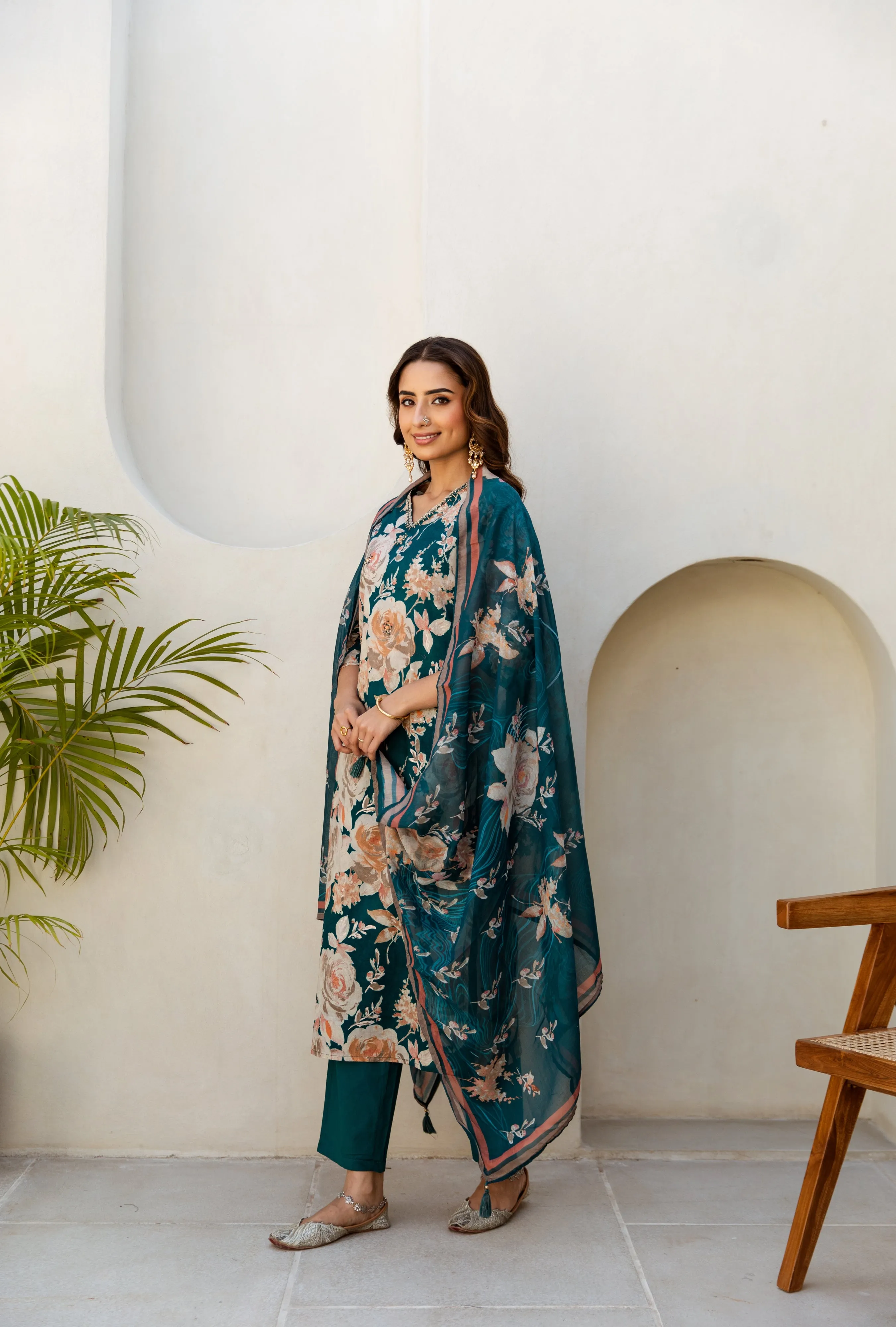Women's Green Cotton Kurta, Pant  and Dupatta Set