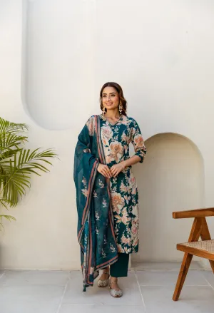 Women's Green Cotton Kurta, Pant  and Dupatta Set