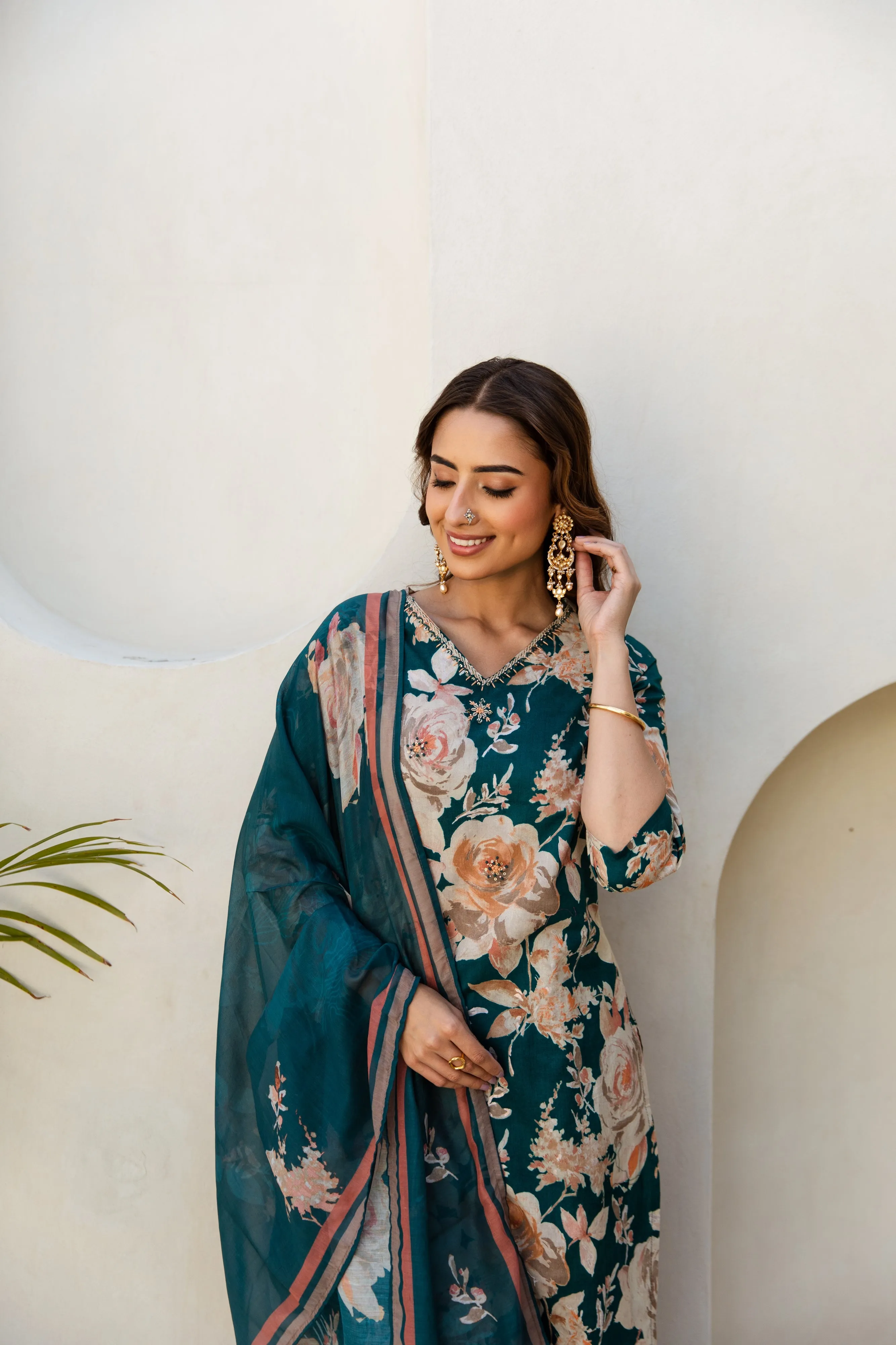 Women's Green Cotton Kurta, Pant  and Dupatta Set