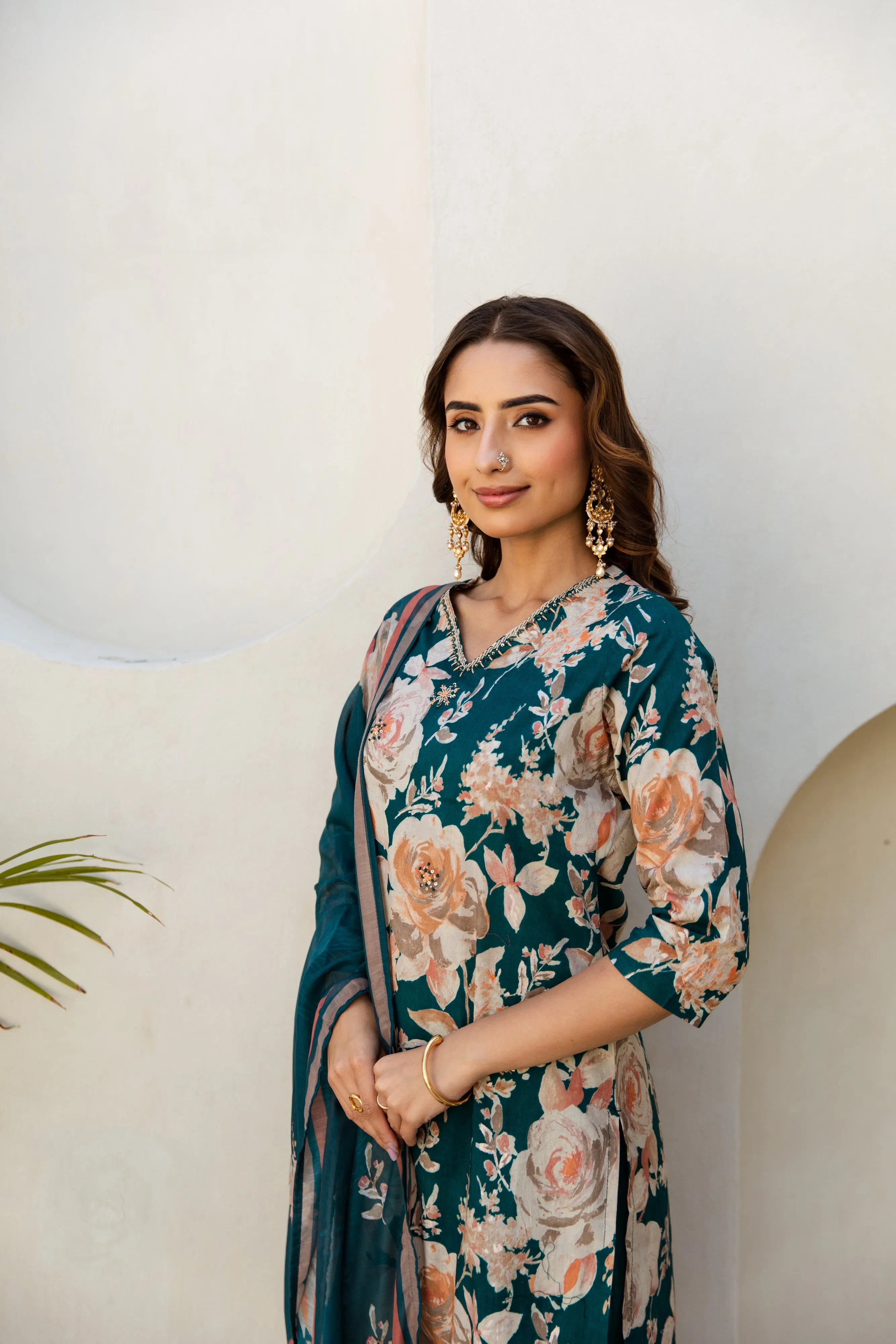Women's Green Cotton Kurta, Pant  and Dupatta Set